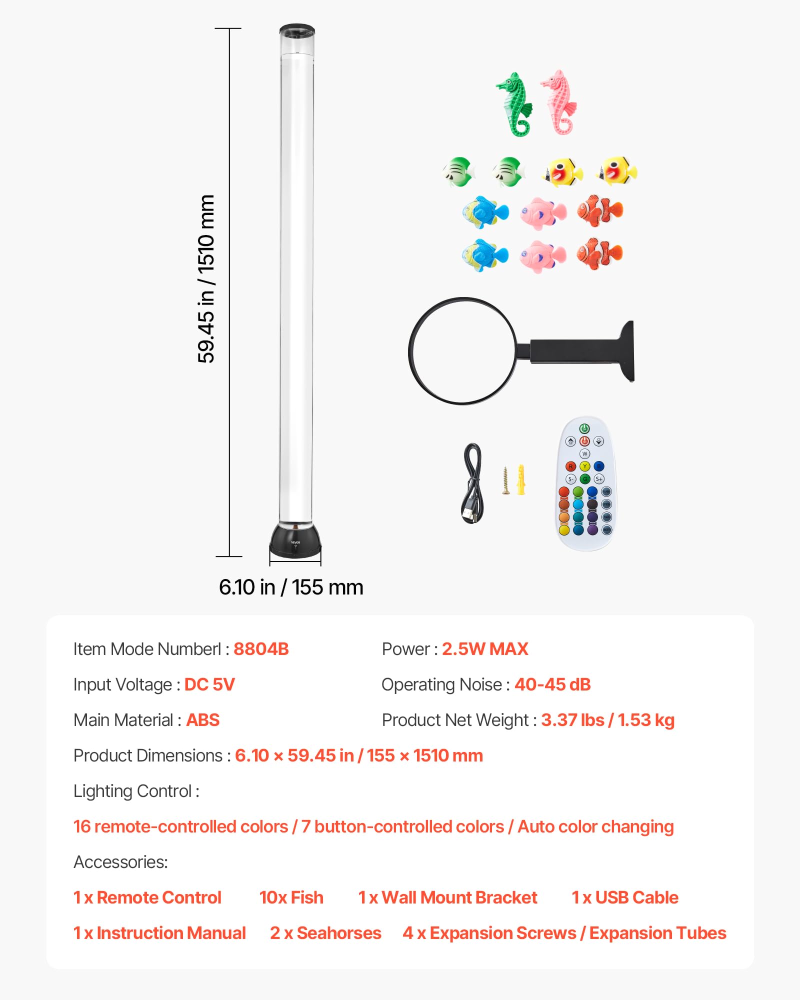 VEVOR Lavalampe mit 10 schwimmenden Fischen, 151 cm, Blasenlichtlampe, 16 Farbwechsel-Lichteffekte, Fernbedienung, Stimmungslicht, Aquarium Nachtlicht für Schlafzimmer, Wohnzimmer, Heimdekoration