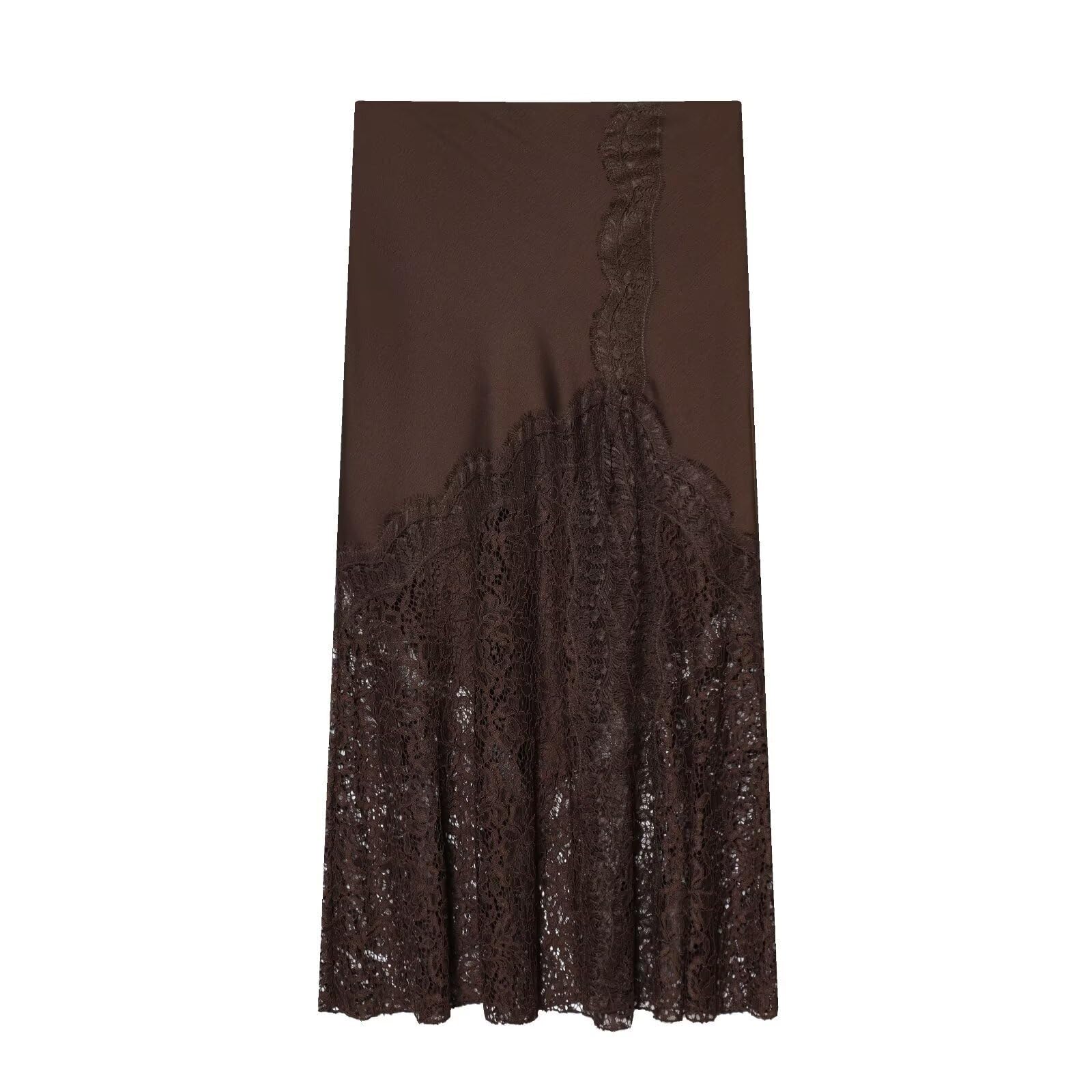 Minimalist French Elegant Coffee Color Elegant Midi Skirt Lace Splicing Satin Skirt Skirt Woman Clothing Faldas Skirts