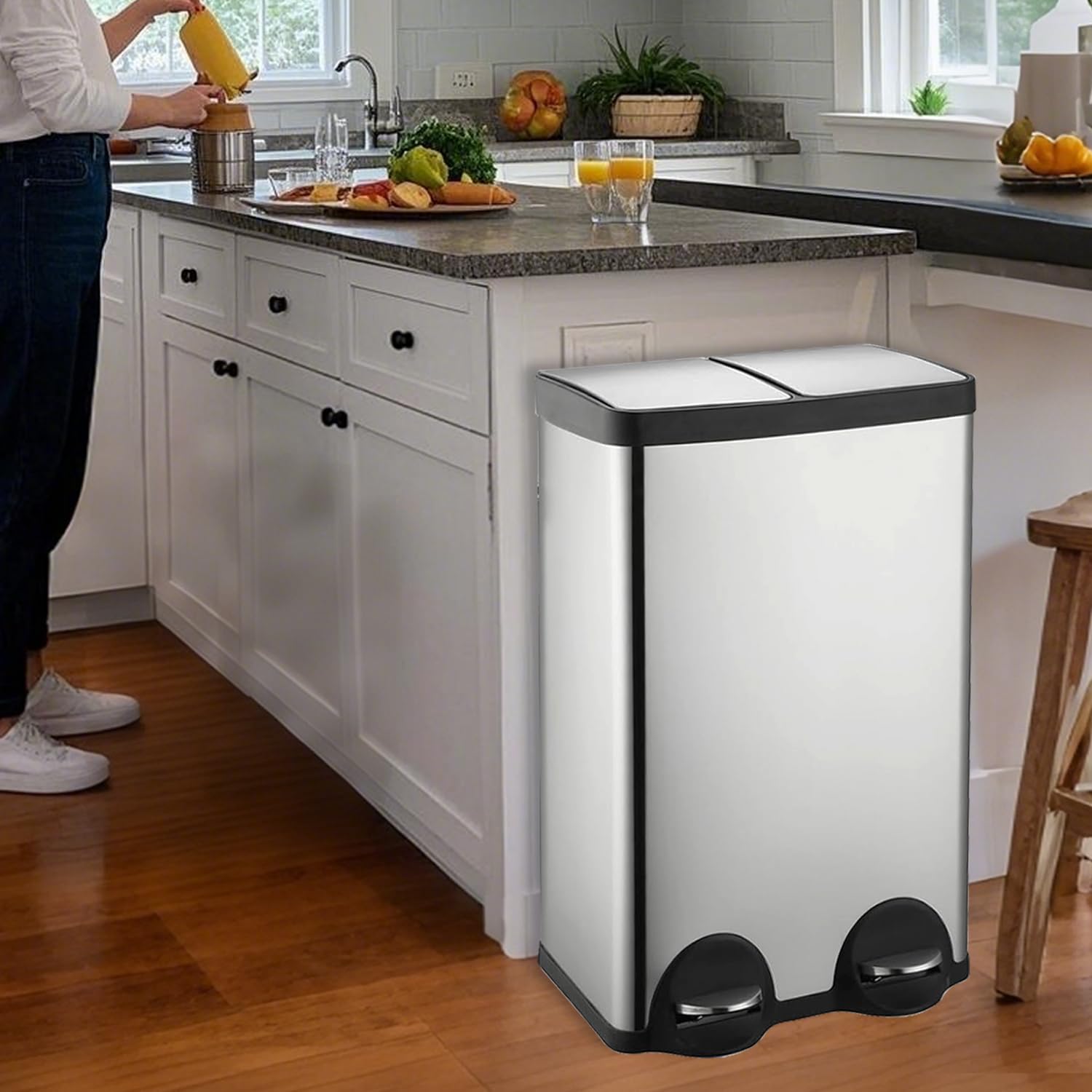 16 Gallon / 60 Liter Dual Compartment Trash and Recycling Bin with Soft-Close Lid, 2 x 8 Gallons Stainless Steel Kitchen Trash Can, Waste Bin for Home, Office, or Outdoor Use