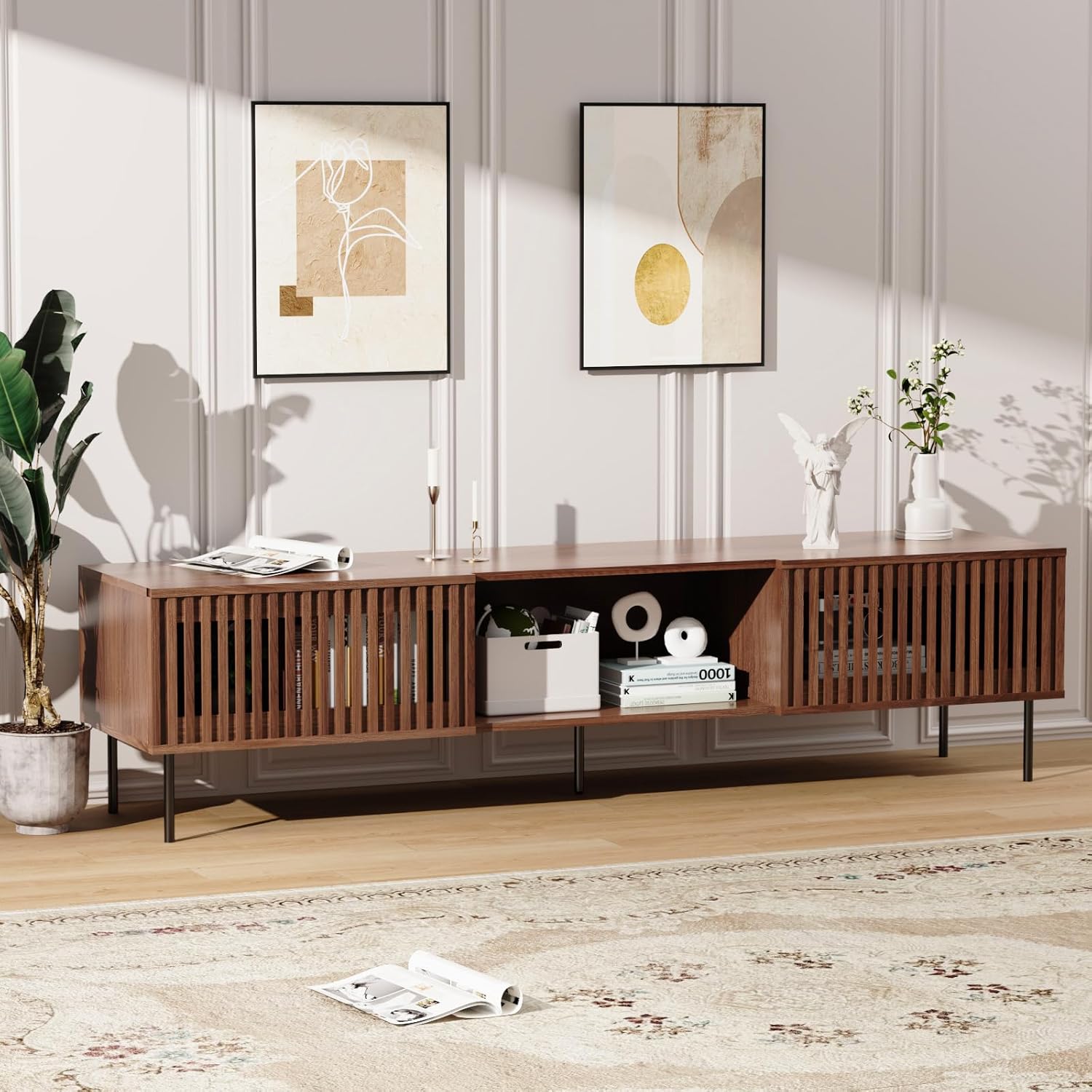 HOMMPA 70 Inch TV Stand for TVs Up to 80'', Mid Century TV Stand with Slatted Door Design, Modern Media Console with Storage Cabinet & Drawer, Entertainment Center for Livingroom, Walnut