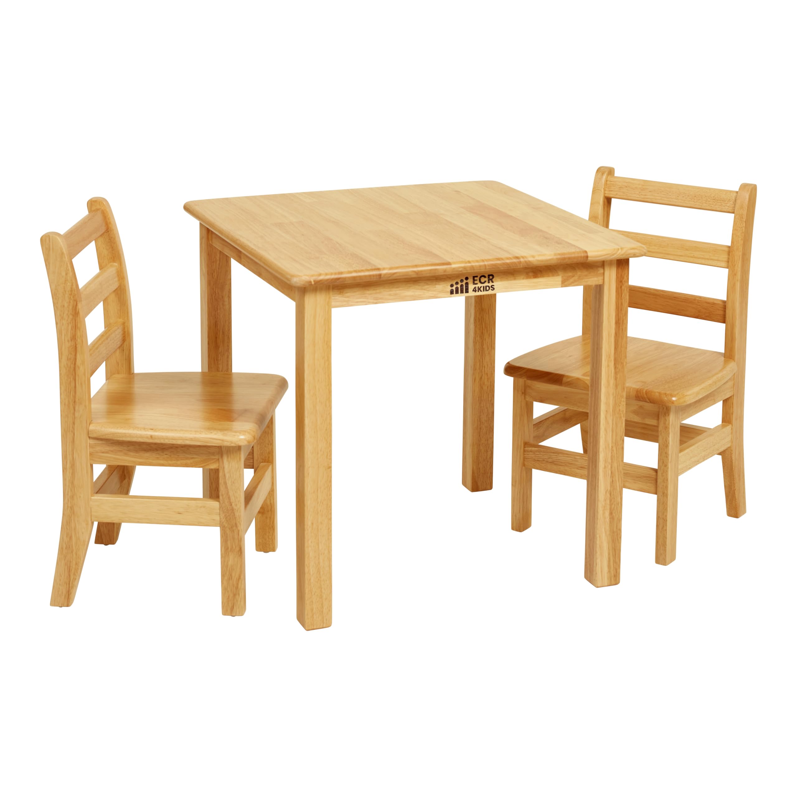 ECR4Kids 24in x 24in Hardwood Table and Chair Set, 12in Seat Height, Kids Furniture, Honey, 3-Piece