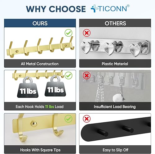 Miniatura 3 de TICONN Perchero montado en la pared, 6 ganchos dobles resistentes de metal, contemporáneo, para chaqueta, abrigo, sombrero, vestíbulo, entrada, baño