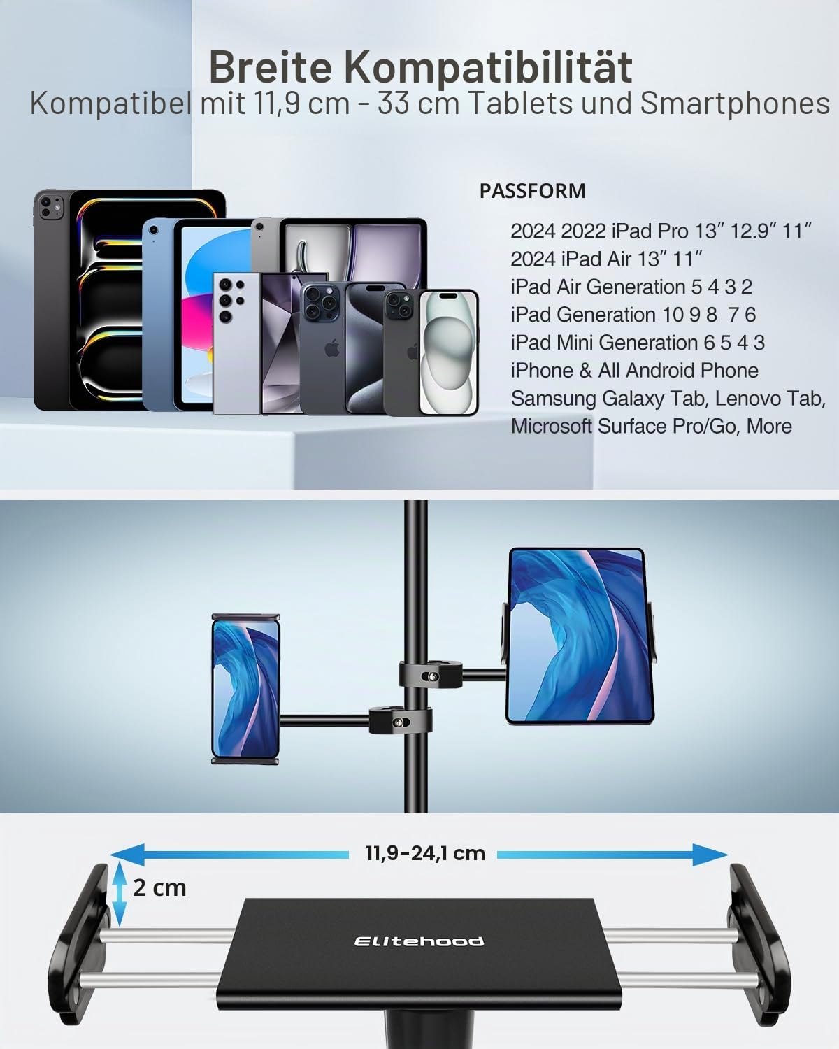 elitehood Aluminium iPad Halterung Mikrofonständer, Seite Tablet Halter Mic Ständer, Verstellbarer 360° Drehbar Tablethalter Mikrofon Ständer mit iPad Pro 12.9, Air, Mini, Mehr 4-12.9” Geräte