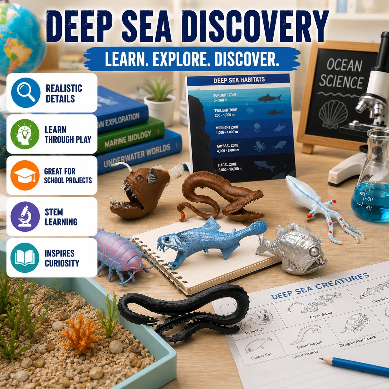 Safari Ltd. Deep Sea Creatures Toob - 7 Ocean Animal Figurines | Safety Tested 7 Deep Sea Creature Figures Anglerfish Viperfish Isopod and More STEM Education Ages 3 and Up product thumbnail 4