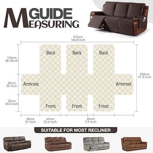 Miniatura 6 de KinCam Funda impermeable para sofá reclinable, funda antideslizante para sofá reclinable de 3 plazas, protector de muebles con correas elásticas
