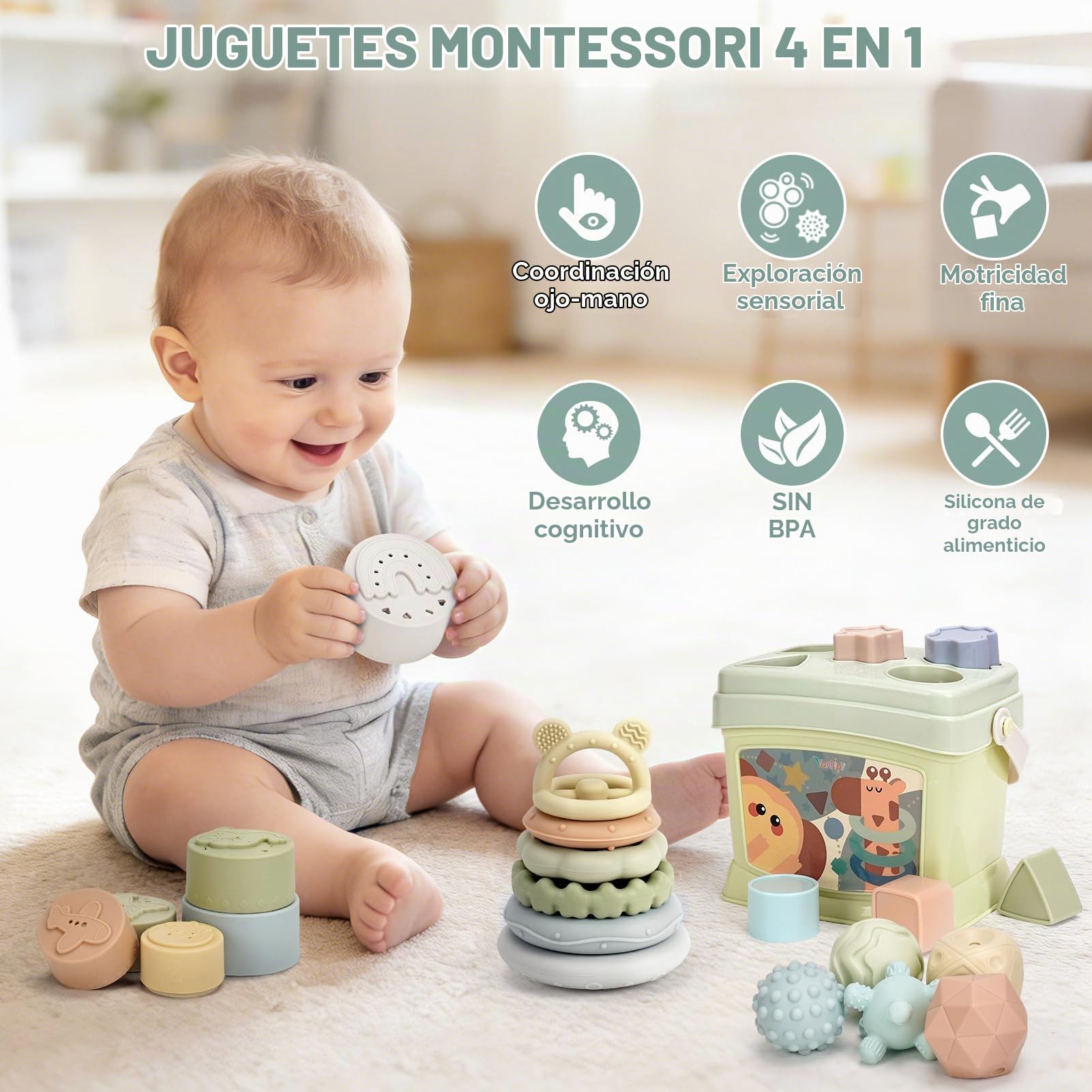 Vanplay Juguetes Bebes 6-12 Meses, Juguetes Montessori 4 en 1 con Juguetes para Apilar y Encajar, Regalo Bebe 6-12 Meses