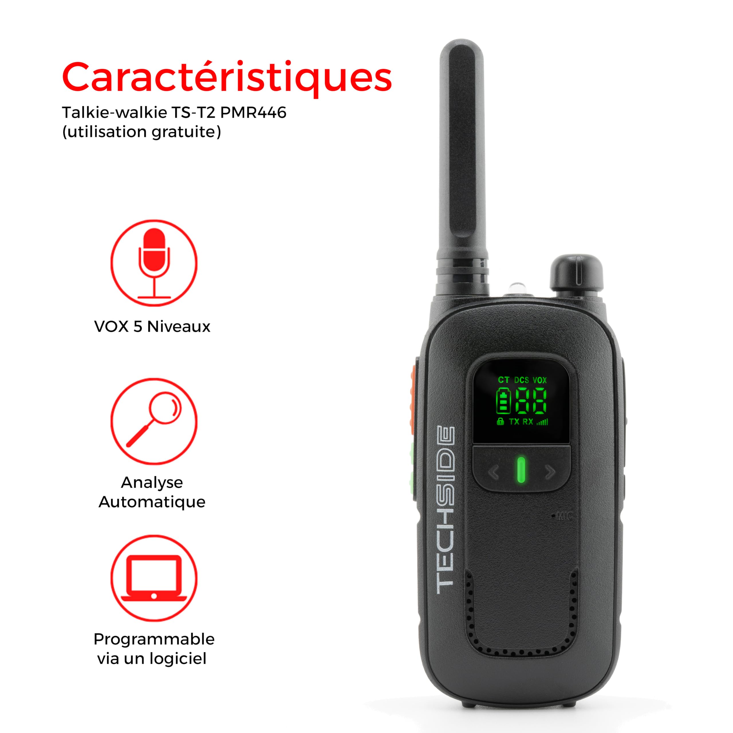 Techside TS-T2 Talkie-Walkie PMR446 16 Canaux VOX 5 Niveaux Lot de 2 Pièces