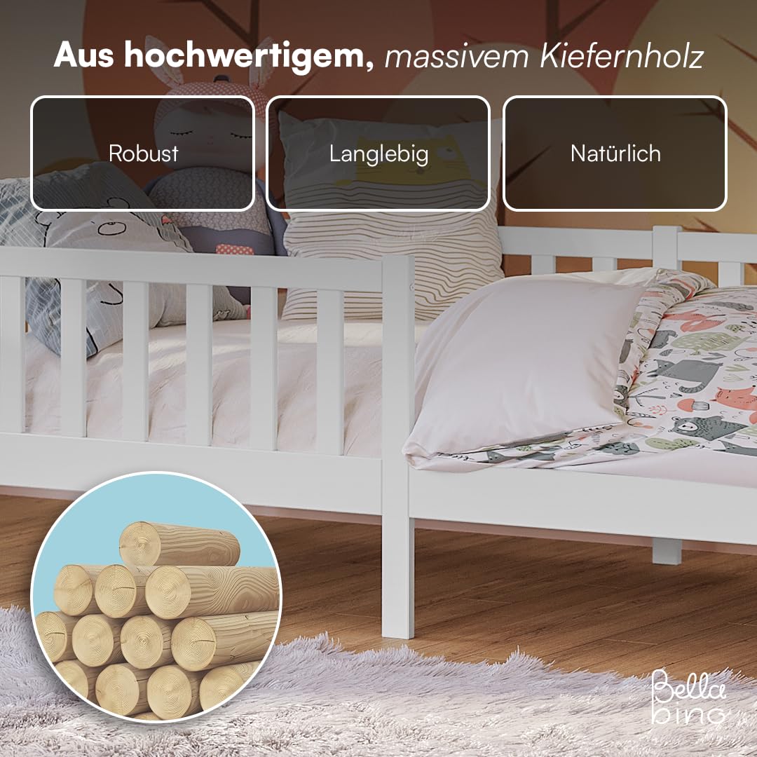 Bellabino Vere Kinderbett 90x200 cm – Montessori Bett mit Rausfallschutz & Lattenrost – Massives Kinder Bett für Jungen & Mädchen aus Holz Kiefer – Kleinkindbett in Weiß