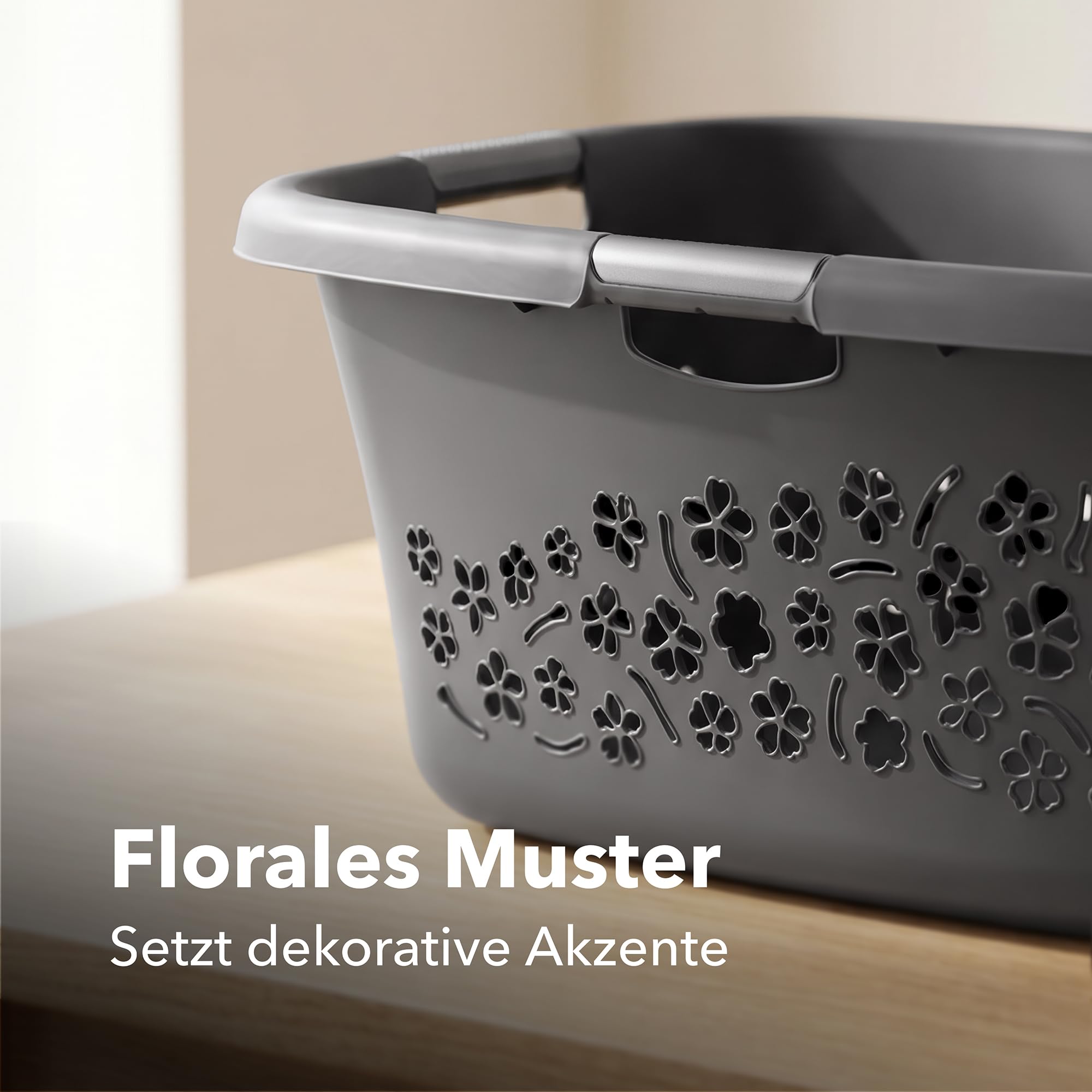 Rotho Flowers 3er-Set Wäschekorb 50l | mit Belüftungslöchern | mit 4 Griffen für bequemes Tragen | robust & langlebig | einfach zu reinigen & hygienisch | anthrazit