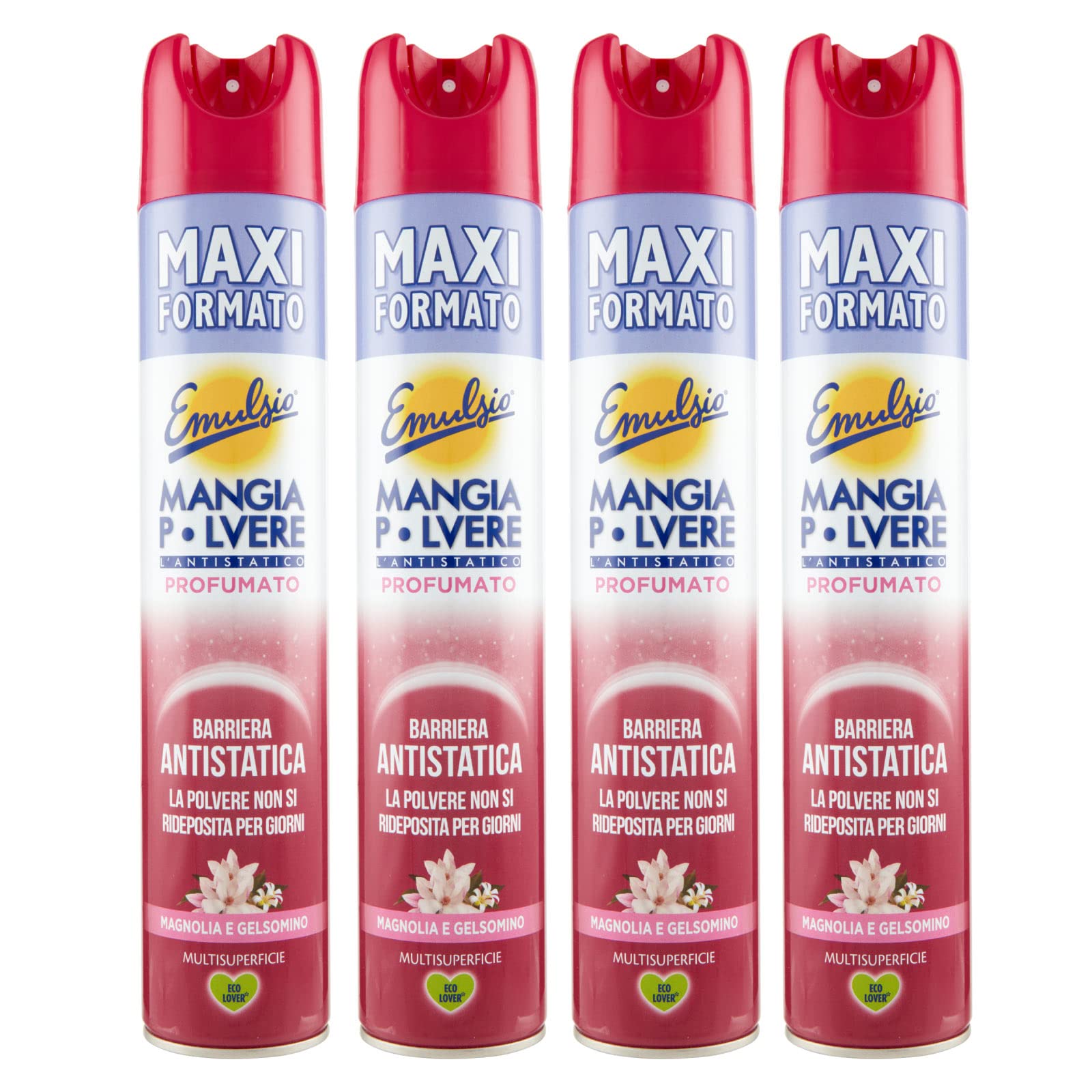Emulsio Mangia Polvere L'antistatico Profumato Multisuperficie Barriera Antistatica alla Magnolia e Gelsomino - 4 Flaconi Spray da 400ml ognuno