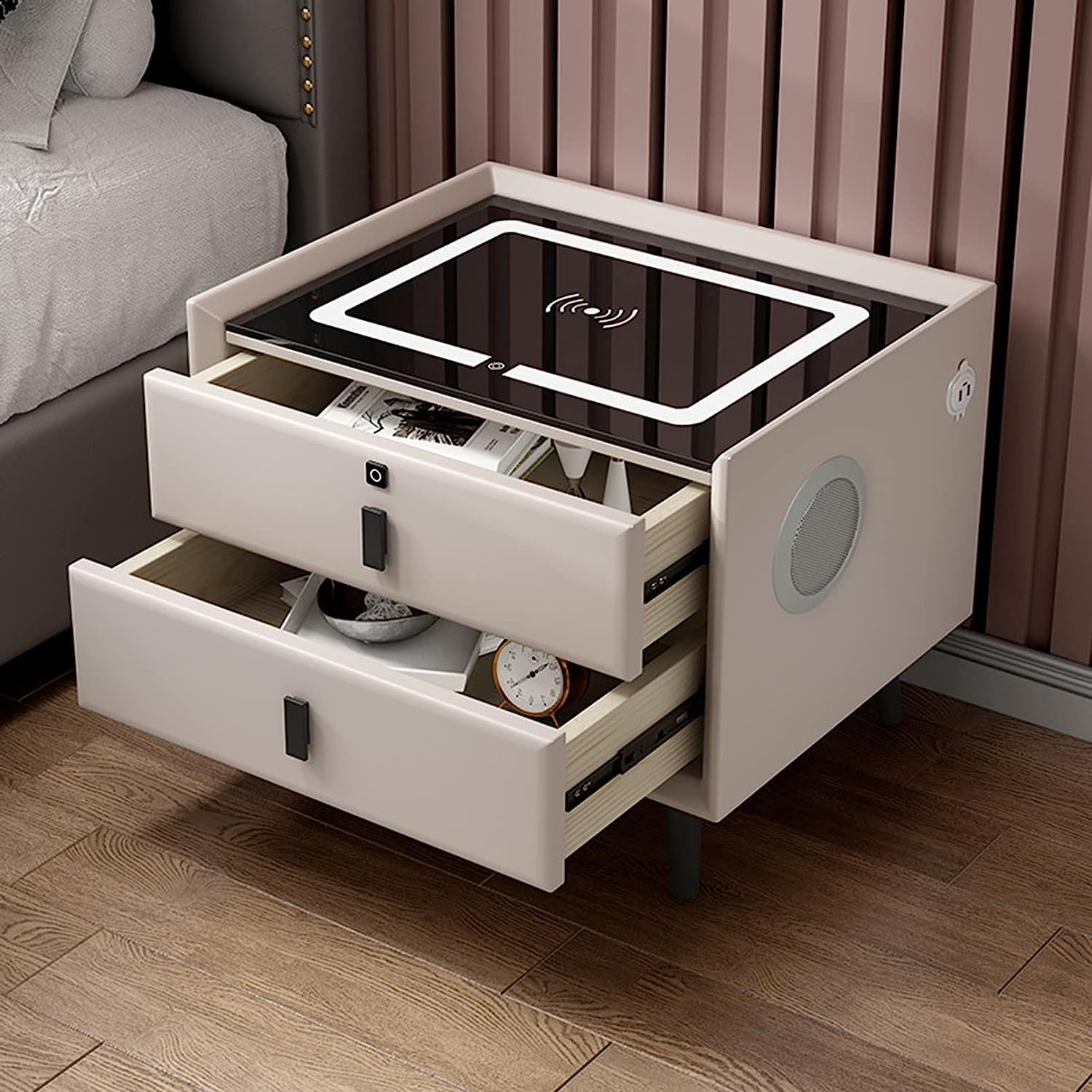 BHGFYXBS Smart Nightstand With Charging Station End Table With Drawers Bedside Table With 2 Usb Ports & Blue-Tooth Speaker Bedside Cupboard With Led Lights Dresser,Grey-2 Drawers,Beige-2 Drawers