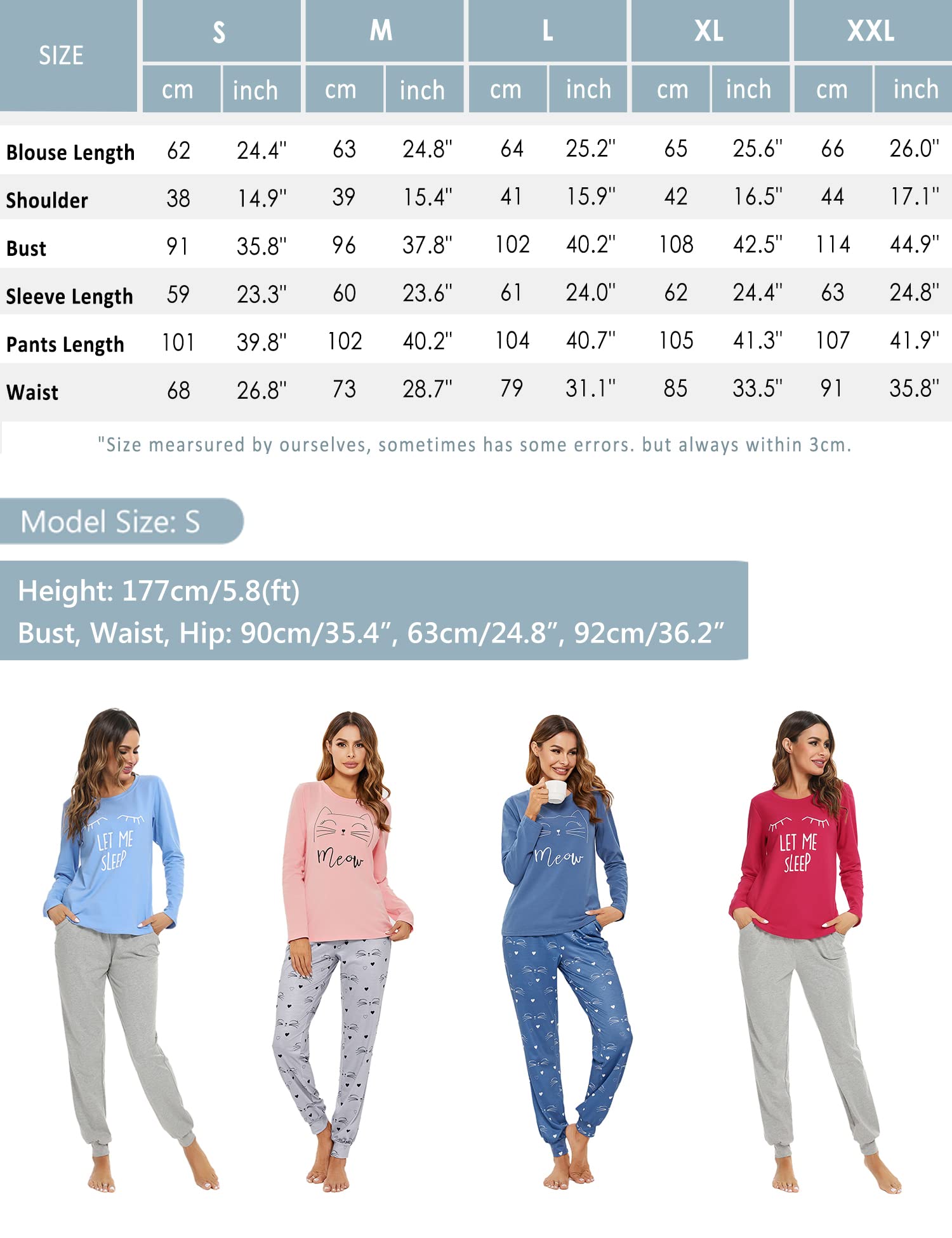 Sykooria Pigiama Donna Invernale Pigiama Donna Cotone Leggero Pigiama Lungo Donna Caldo Pantaloni Lunghi Casual con Tasca e Top con Motivo a Carino Due Pezzi S-XXL