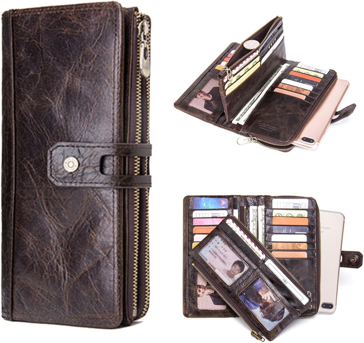 Samsung S9 Plus Wallet,Handmade Genuine Leather Men's Wallets Bifold Pockets and Snap Fastener Card Cases Wallets Long Double Zip Bag Purse Brown