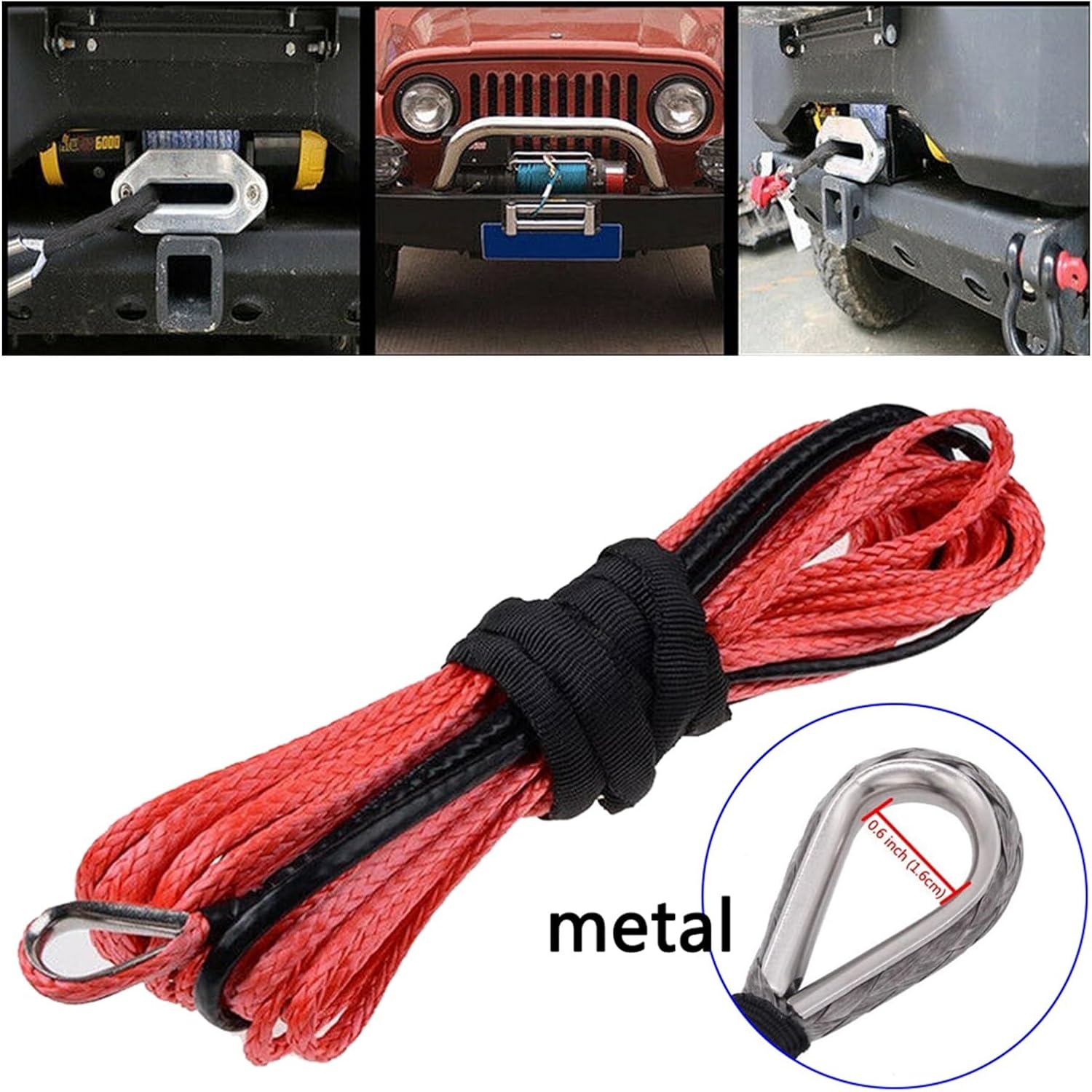 Synthetic Winch Rope, 15m Winch Cable Cable Towing Car Tow Strap Trailer Rope with Hook for ATV Off Road Accessories 7700lbs 3.5T for Off Road Vehicle Truck Boat Winch(Black)