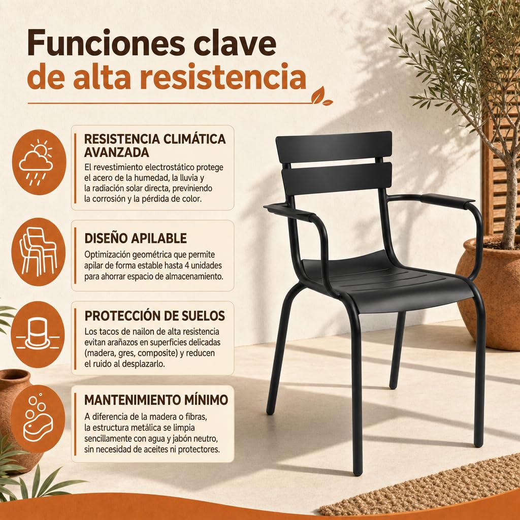 Silla de Metal de Estilo Contemporáneo para Jardín y Terraza | Negro