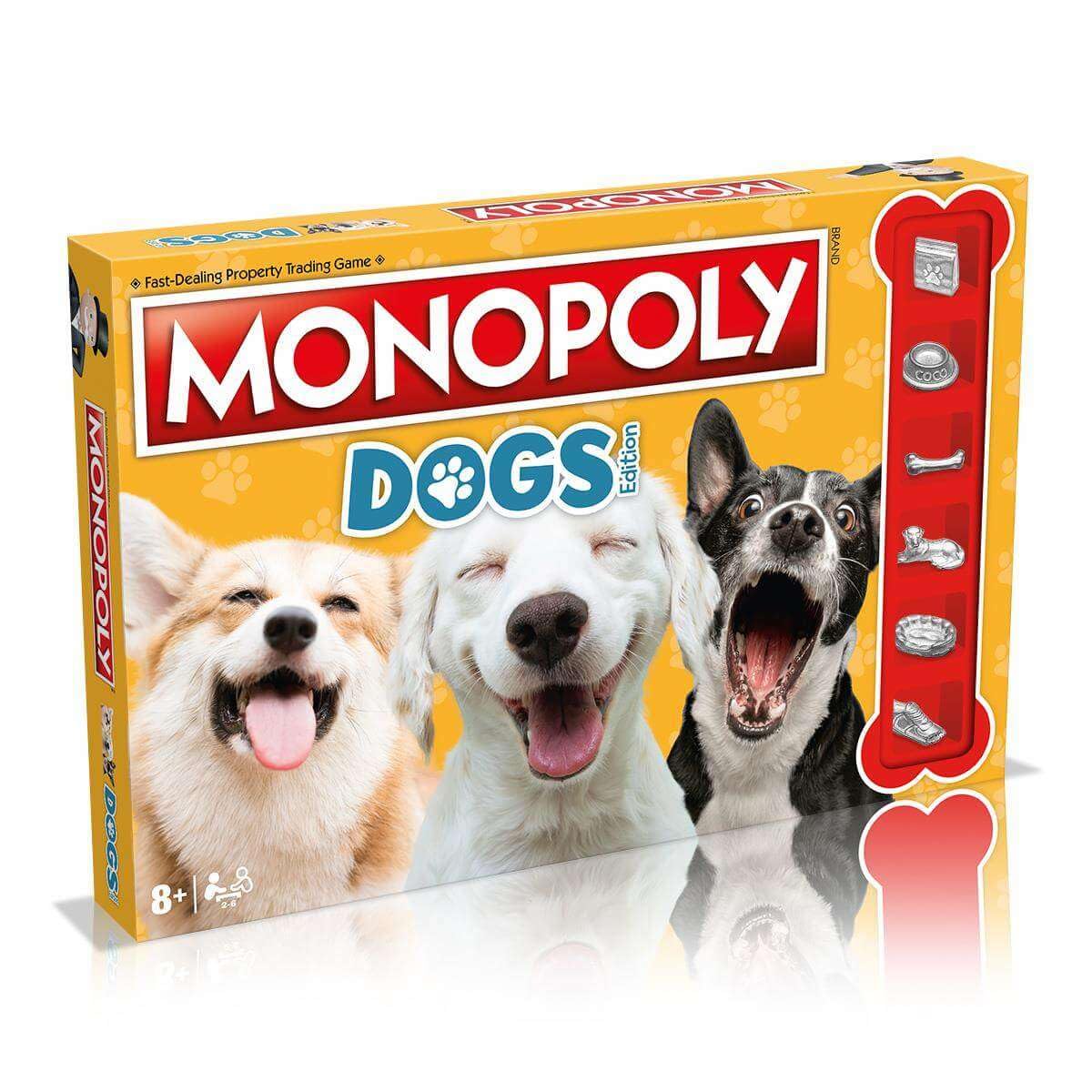 Winning Moves Jeu de société Dog Monopoly, jouez avec vos chiens préférés de Poméranie, Husky de Sibérie et Shiba Inu, 2 à 6 joueurs est un excellent cadeau pour les enfants de 8 ans et plus