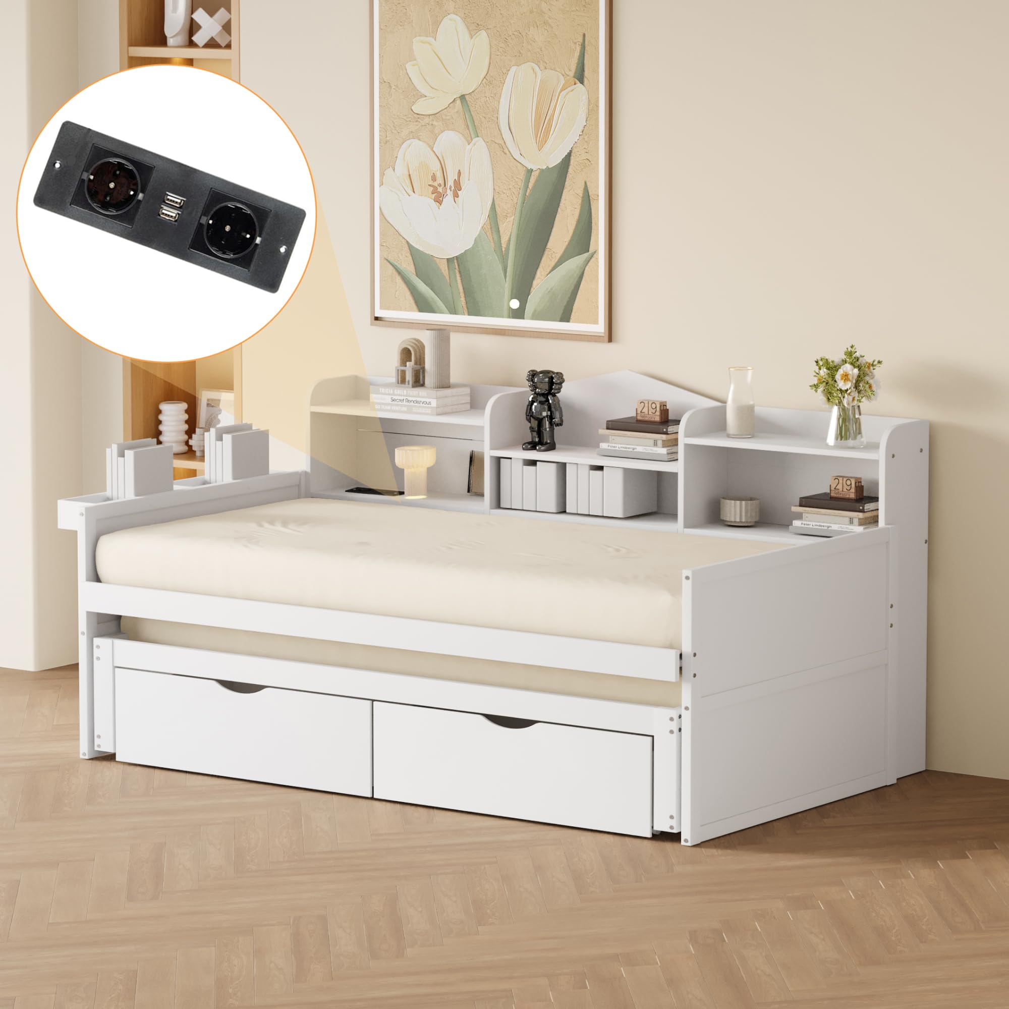 Sofá cama 90 x 200, cama nido 90 x 190 con dos cajones, gran compartimento de almacenamiento y cesta de almacenamiento, cama individual de madera, color blanco