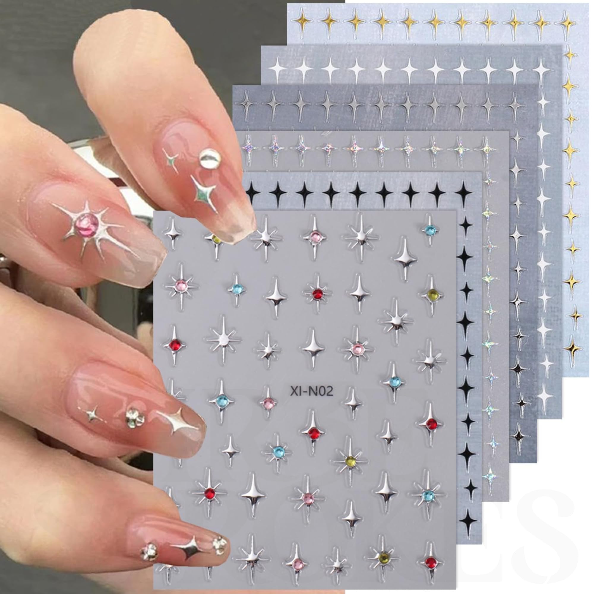 THR3E STROKES 6 Sheets Star Nail Stickers for Nail Art, 3D Glitter Shiny Gold Silver White Black Stars Nail Art Design Decals Self-Adhesive Star Stickers DIY Nail Decals Nail Tips (D18)-image-13