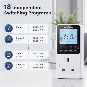 SURAIELEC 2 Pack Digital Timer Plug Socket 18 Programs UK
