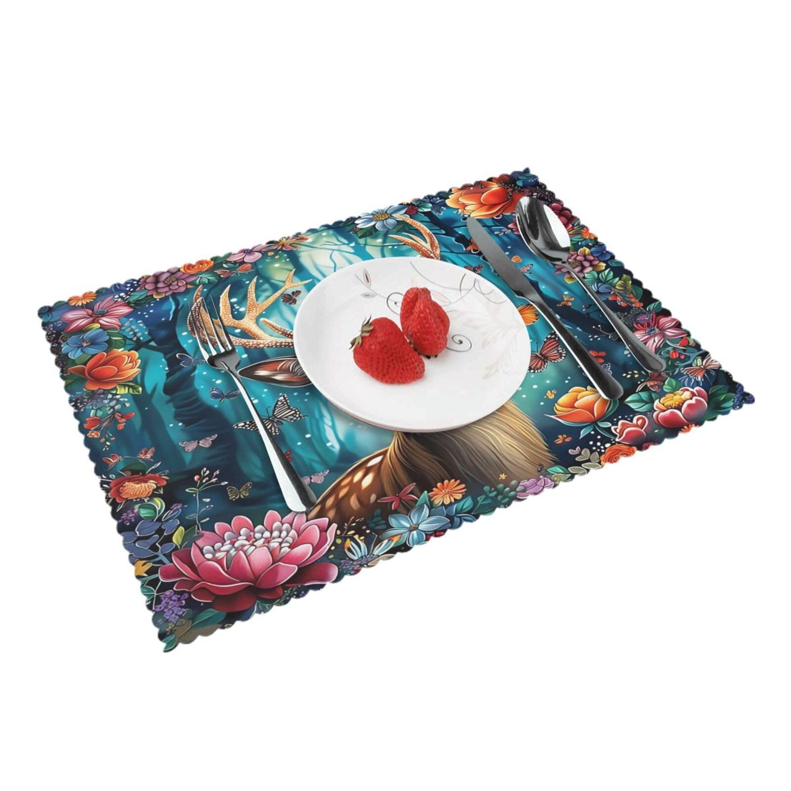 Floral Deer(2) Placemats Set of 4 Print Table Mats Place Mats Table Decor for Kitchen Dining 12X18 in