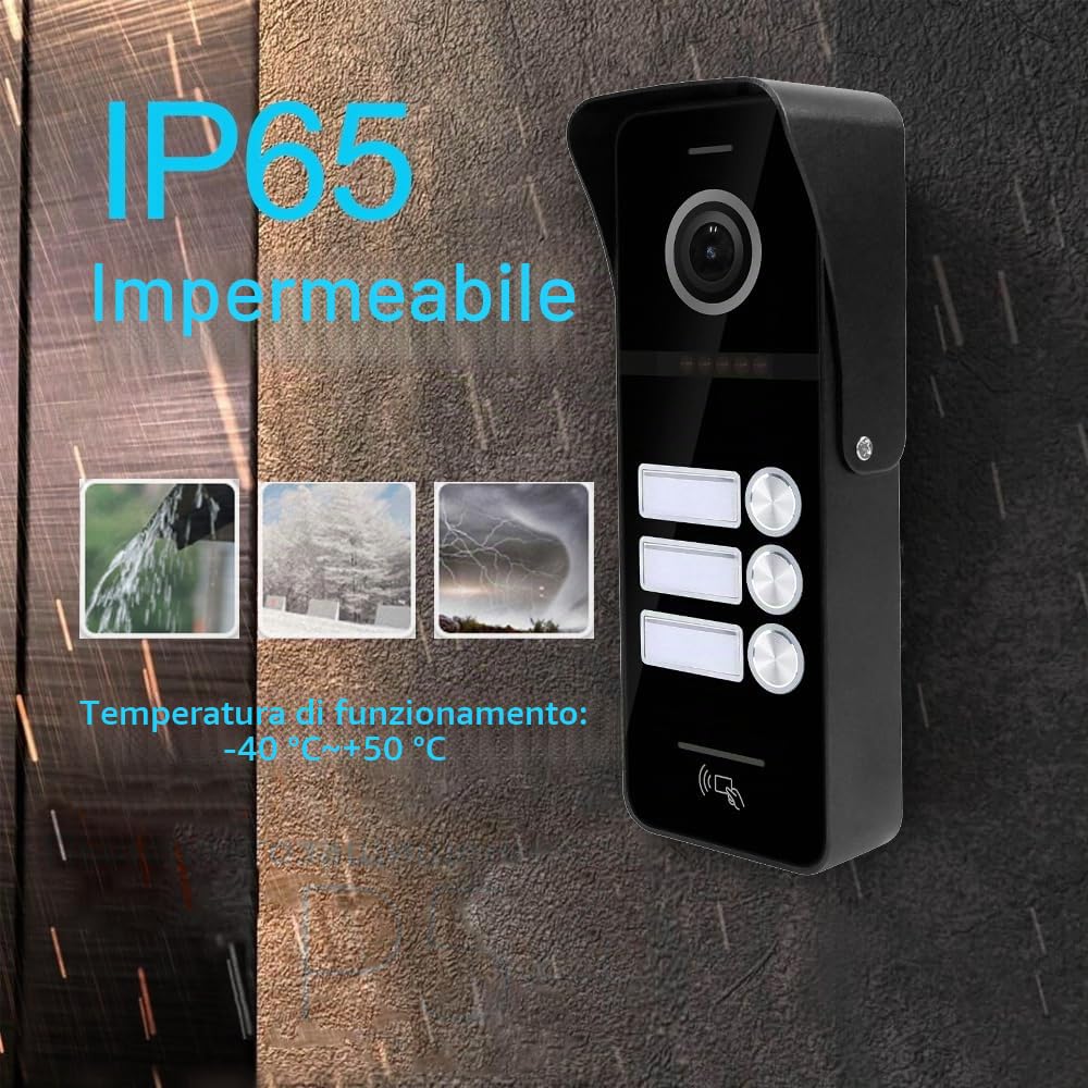 Sistema di campanello video cablato 3 unità 10 pollici monitor video citofono supporto sorveglianza, 3 in1 sblocco per casa villa (campanello nero + schermo nero)