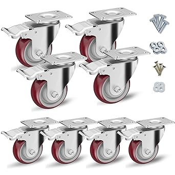 Casters Set of 8 Heavy Duty - Caster Wheels 3 Inch, CLOATFET Locking Casters, Swivel Casters with Brake (Top Plate), Double Ball Bearing Non Marking Castor Wheels for Cart Furniture Workbench