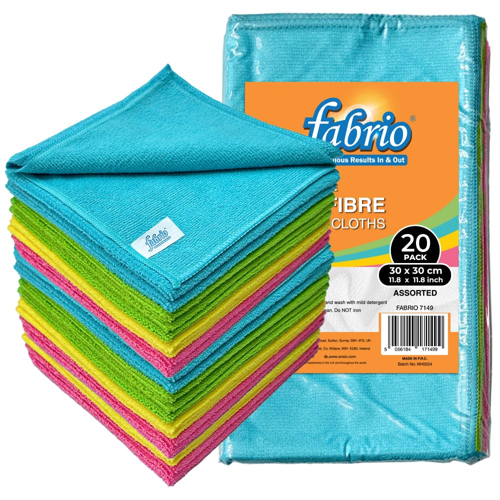 FABRIO Microfibre Cleaning Cloths – Pack of 20, 30x30cm, Ultra-Soft, Lint-Free, Super Absorbent Towels for Kitchen, Car, Glass, and Multi-Surface Cleaning – Assorted Colours