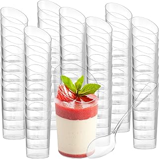 Tosnail 100 Pack 2.5 Oz Mini Plastic Dessert Appetizer Tumbler Cups with 100 Spoons, Clear Parfait Cups Slanted Pudding Cups, Disposable Dessert Shooter for Weddings, Party Event, Business - Round