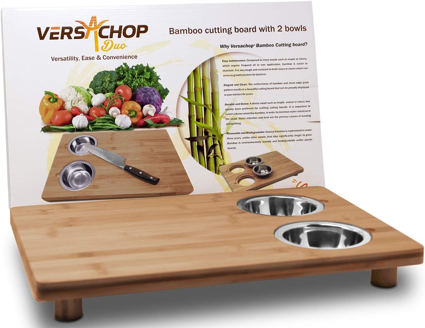 Duo, Large 18 inch X 12 inch Cutting Boards for Kitchen. Totally Natural Organic Moso Bamboo Cutting Board with Two Integrated Stainless Steel Bowls attached for organization and storage.
