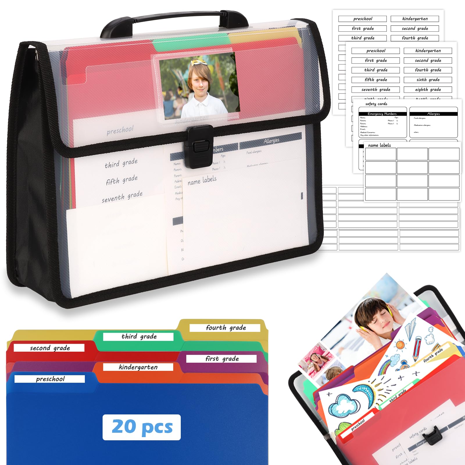 School Years Organizer Kit Clear Plastic Storage Tote with 20 Letter Size Colored Manila Folders 60 Reusable Sticker Labels School Memory Keepsake Box for Pre K to 12th Grade DIY Organization (Black)