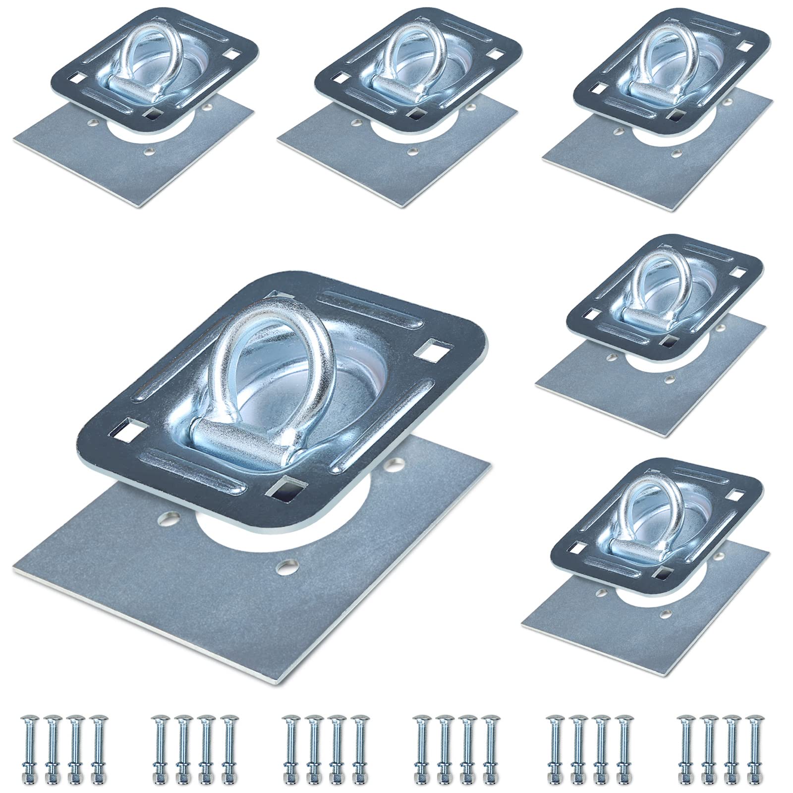AYMMIC Recessed Tie Down D-Rings Anchor x 6 Pack, 6,000 lb. Capacity, Bolt-on, with Backing Support Plates, for Flatbed Trailer/Truck, Great for Securing Equipment, Cargo and Other Loads