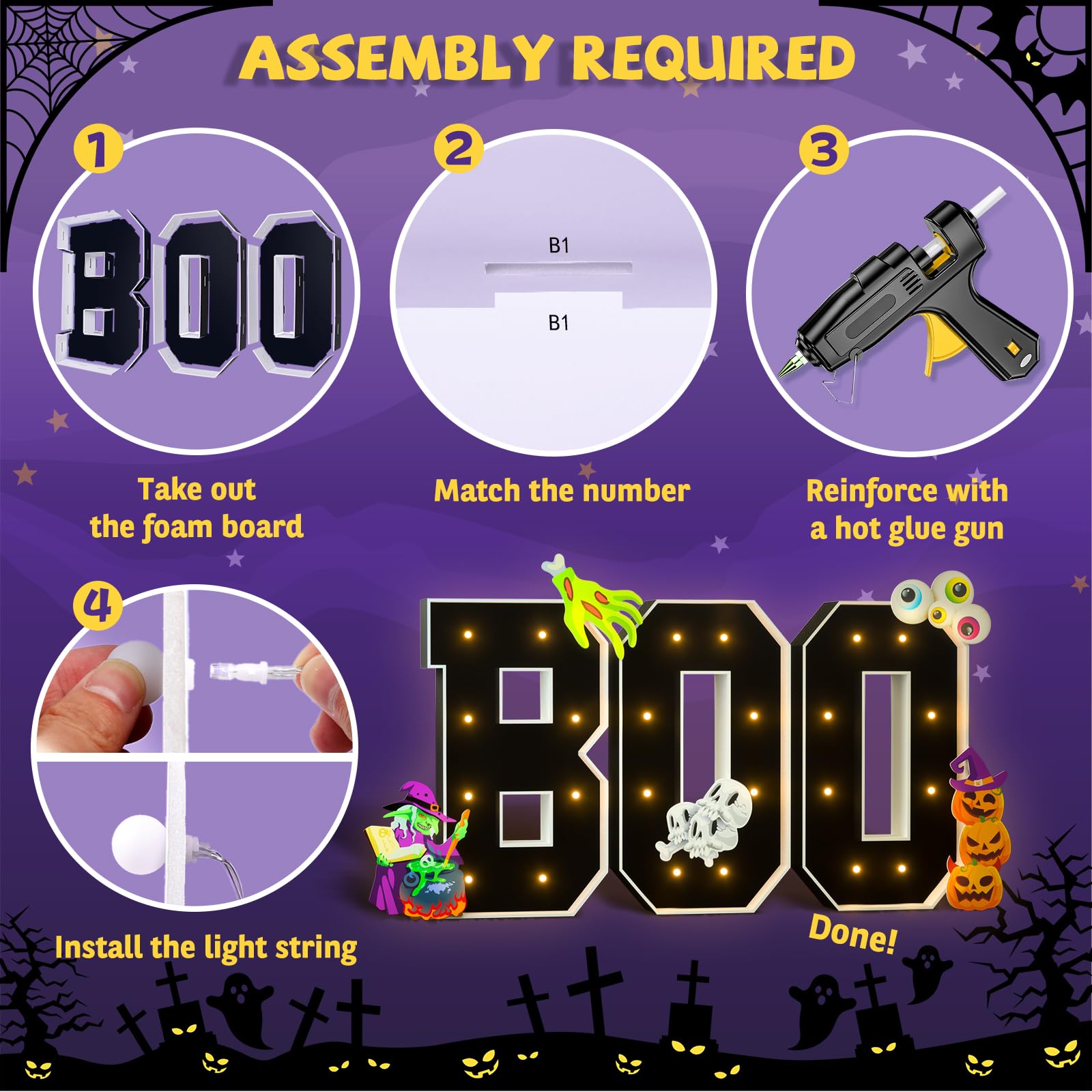 imprsv 2.25FT Halloween Decorations, Black Halloween Lights Up Letters Boo for Halloween Party Decoration, Halloween Lights Backdrop Indoor, Scary Cute Spooky Halloween Decor with Halloween Stickers