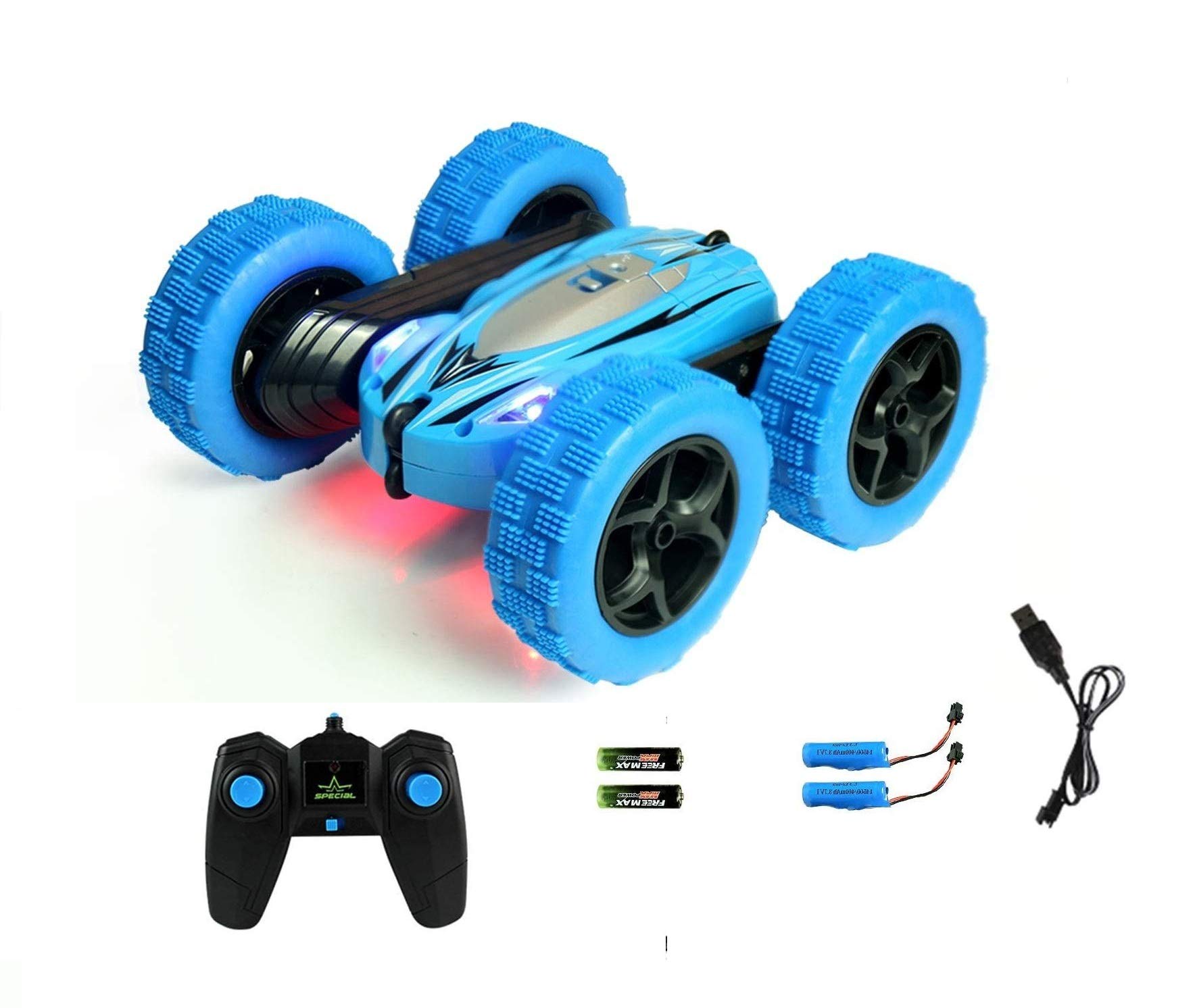 Remote Control Car, 2.4 GHZ High Speed Racing Car Double Sided 360° Rolling Rotating Rotation LED Headlights with Double Batteries, Blue