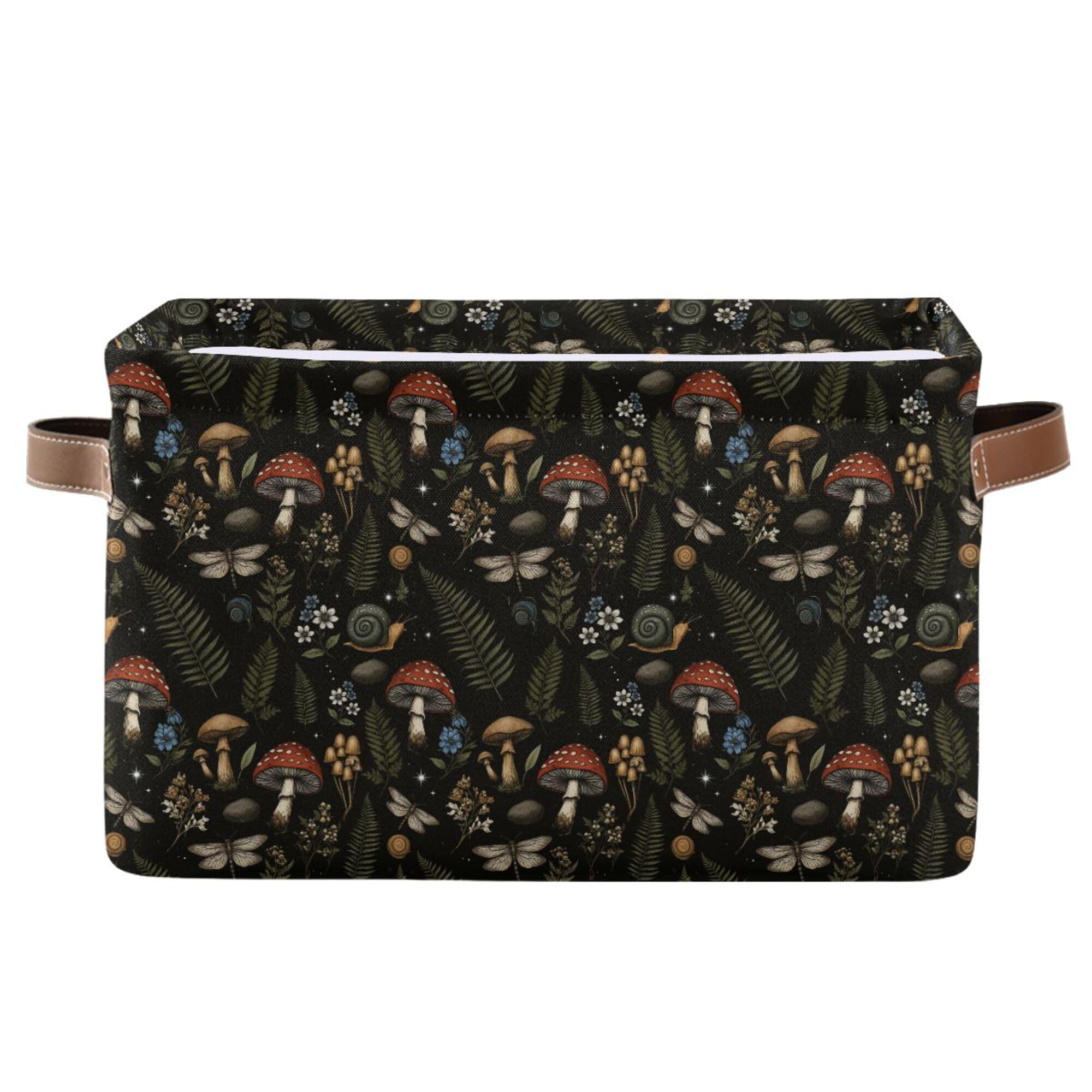 Mushroom Botanical Storage Basket Fabric Kitchen Baskets Dragonfly Berry Flowers Fern Open Home Storage Bins Boxes Foldable Organizer Bag for Baby Cloth Pet Toy Book Shelf Closet Baskets 16×12×8 IN