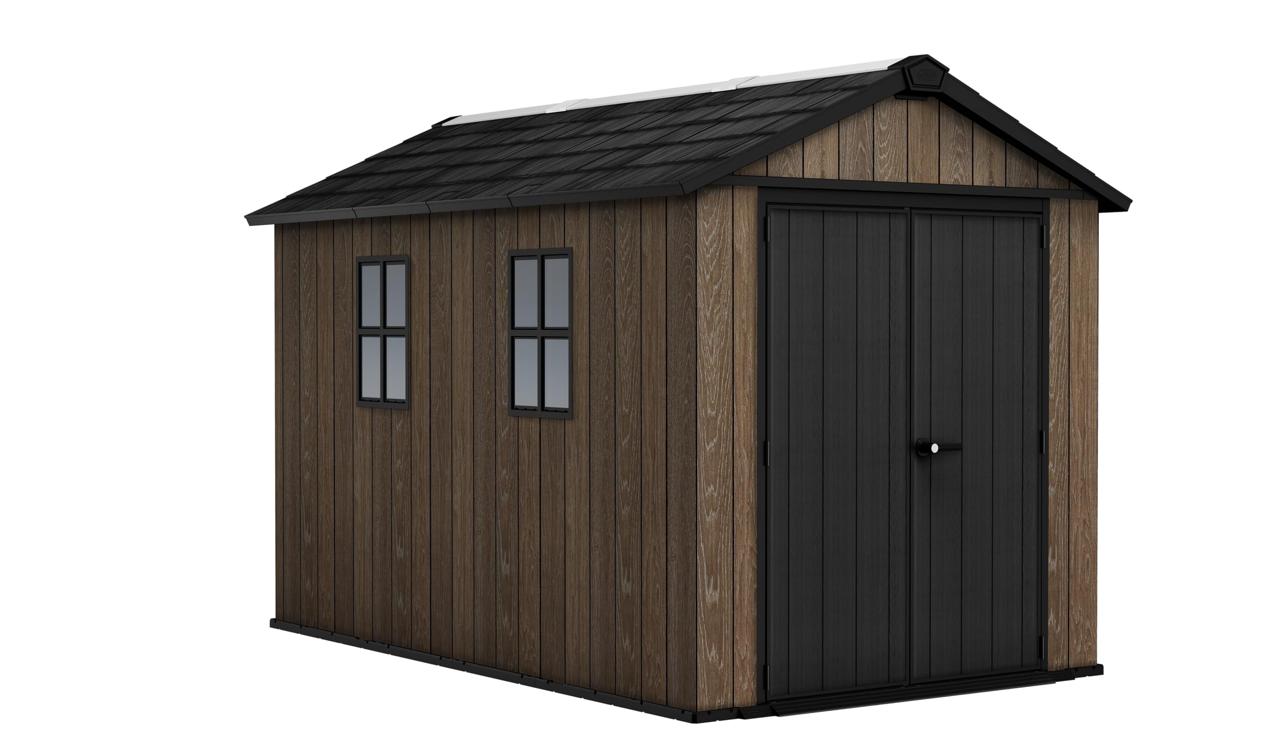 Keter Apex Gerätehaus 7,5x11, Kunststoff Geräteschuppen mit Oberlicht und Belüftung, abschließbar, wetterfest, Walnuss Holzoptik