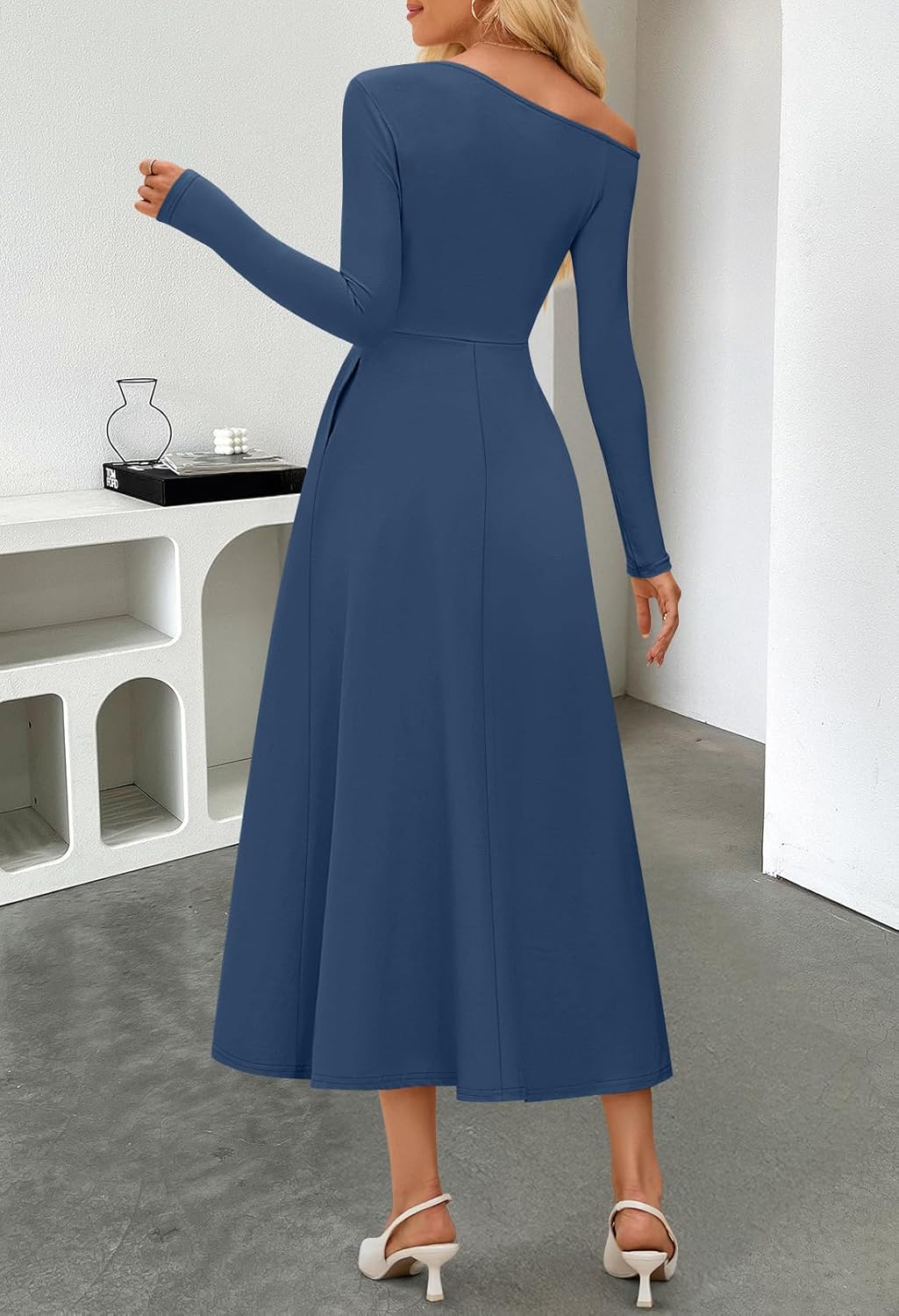 MEROKEETY Women's Fall Long Sleeve Wedding Guest Dresses 2025 One Shoulder Elegant Formal Pleated Midi Maxi Dress - Image 4