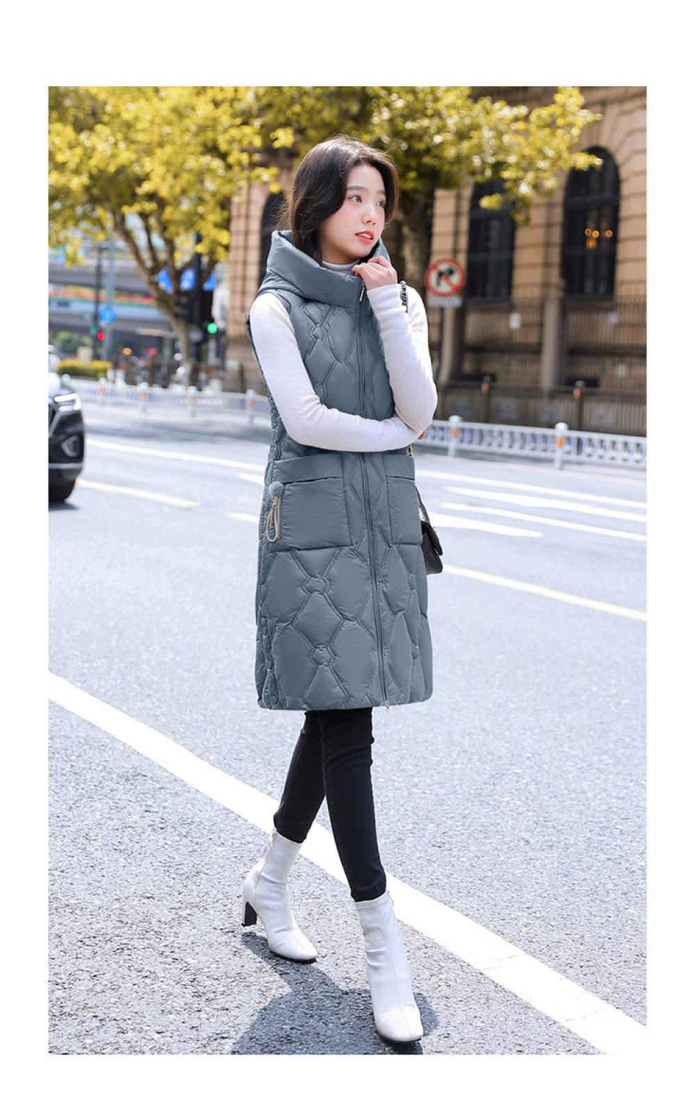 Piumino Smanicato Donna,Gilet Lungo Trapuntato Cappotto Invernale Gilet Con Cappuccio Moda Blu Rombo Gilet Senza Maniche Elegante Sciolto Signore Puffer Gilet Lungo Imbottito Di Transizione Gilet Di
