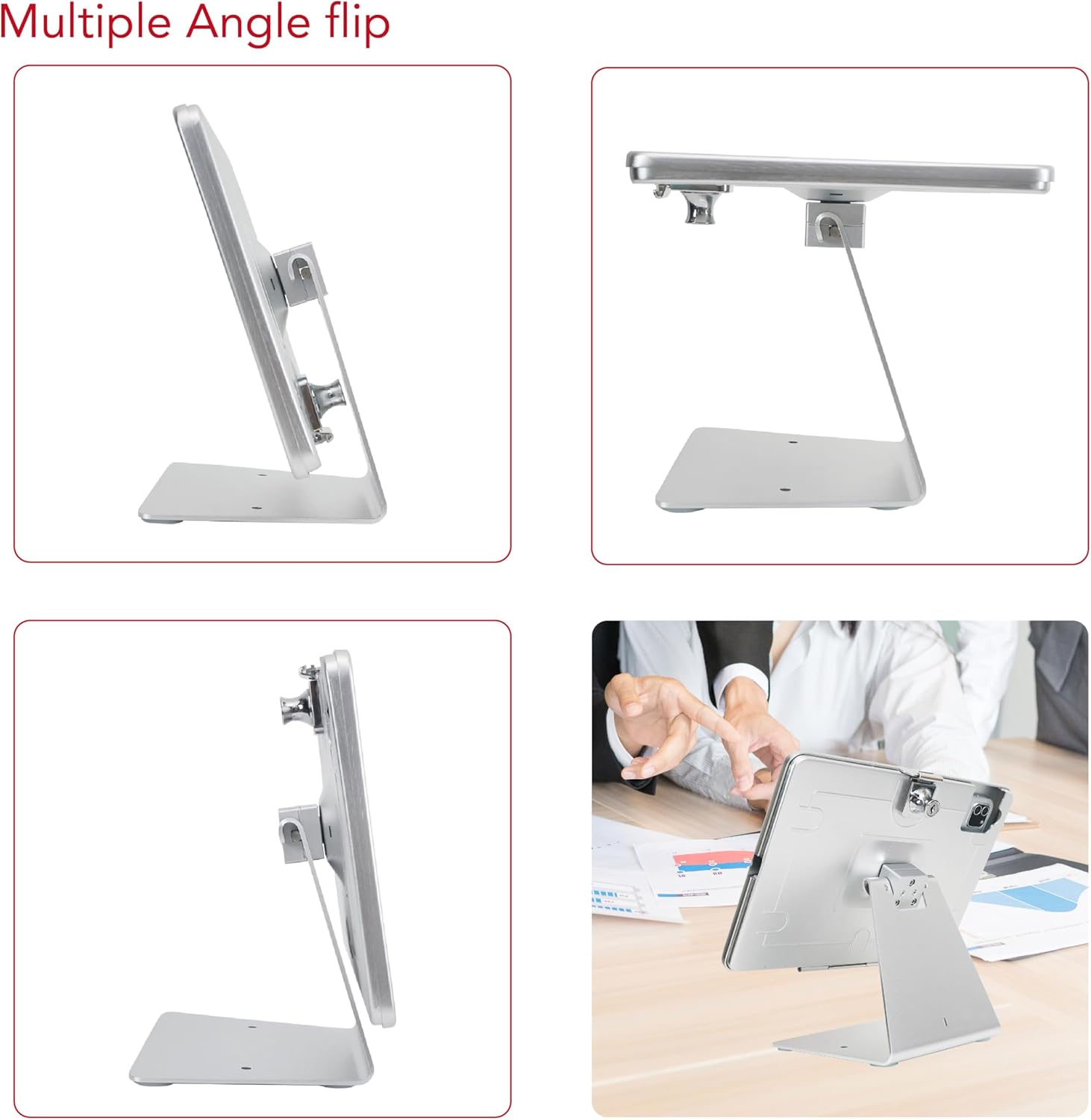 Desktop Anti-Theft Security Kiosk Stand Holder for 2025 iPad 11" (A16) 11th / 2022 iPad 10.9" 10th Gen.,with Lock & Key,Flip &360°Rotating Horizontal or Vertical,Metal(Silver)