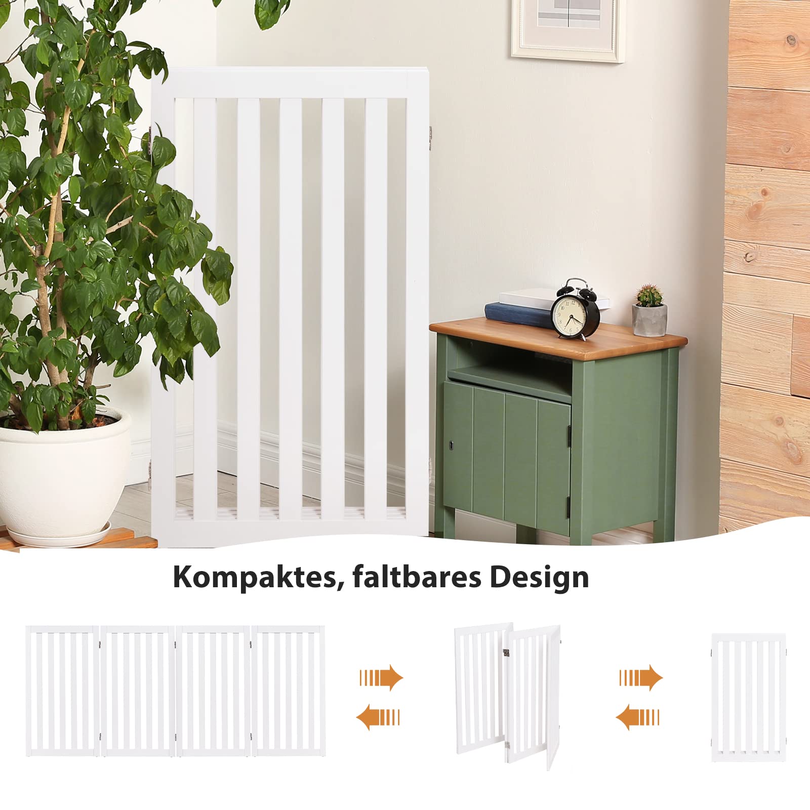COSTWAY Absperrgitter Hunde 89cm Hoch, 4 Paneelen Schutzgitter Holz, Kindergitter klappbar, Treppengitter Hundeabsperrgitter flexibel Türschutzgitter (Weiß)