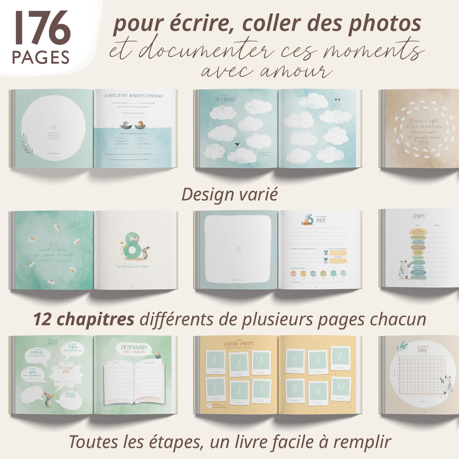Livre de naissance I Ma première année + set d’autocollants I Album photo bébé PREMIUM avec lettrage or I 176 pages I Cadeau de naissance pour fille et garçon I Cadeau spécial bébé (Lin)