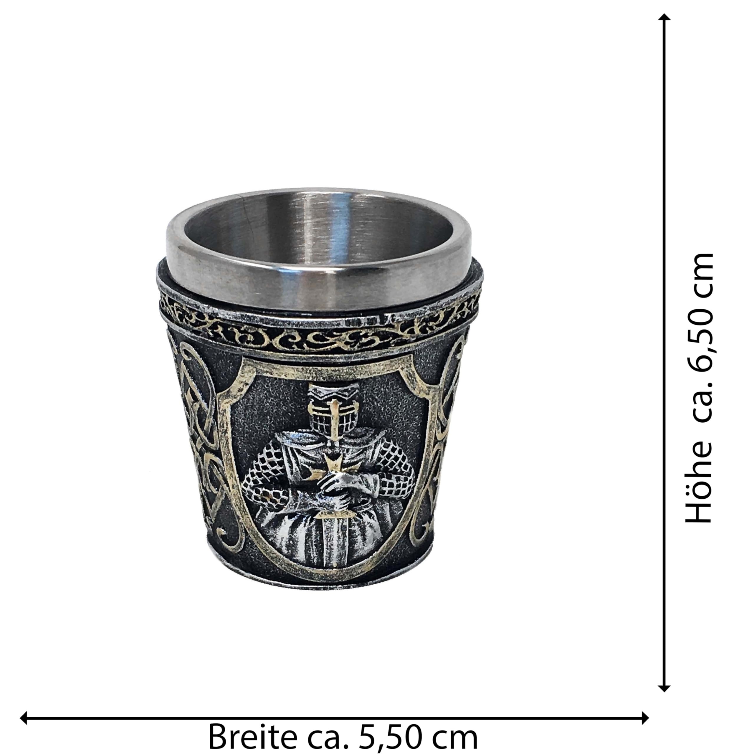 Lot de 4 verres à shot « Croisés » argentés – Verres à liqueur Motif chevalier médiéval
