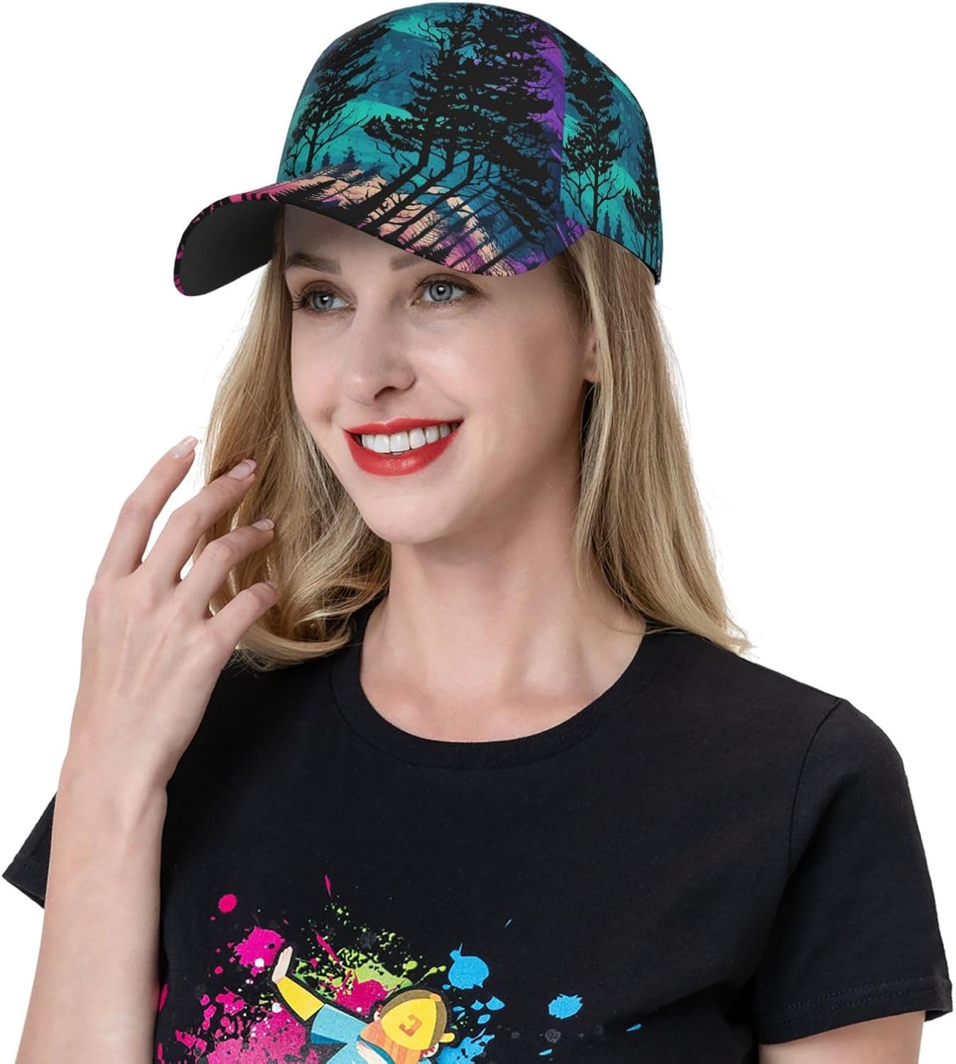 Baseball Hat for Men Women Black Northern Lights Forest Nature Colorful Hip Hop Caps Adjustable Snapback Hats Dad Trucker Cap