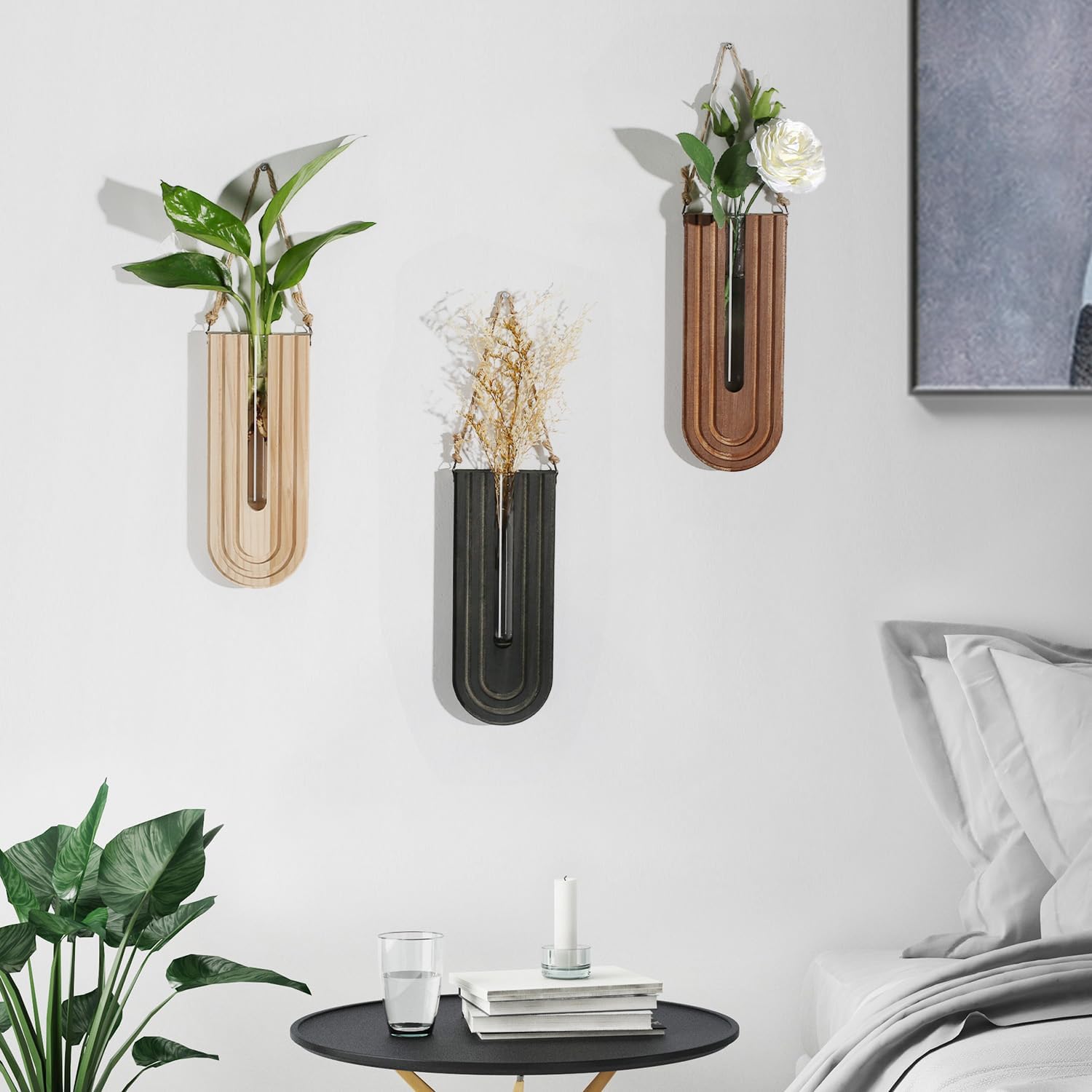 2 Pack Wooden Wall Vase Set - Brown Finish Modern Farmhouse  Boho Wall Decor for Entryway, Hallway, Bathroom, Living Room, Dining Room, Narrow Spaces