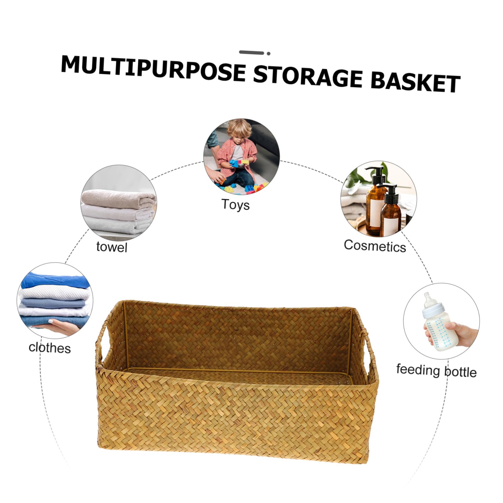 Alipis Cesta Cuadrada Gran Capacidad de Algas Naturales Mimbre Tejida a Mano Organizador Rectangular Portátil para Almacenamiento en Baño y Dormitorio