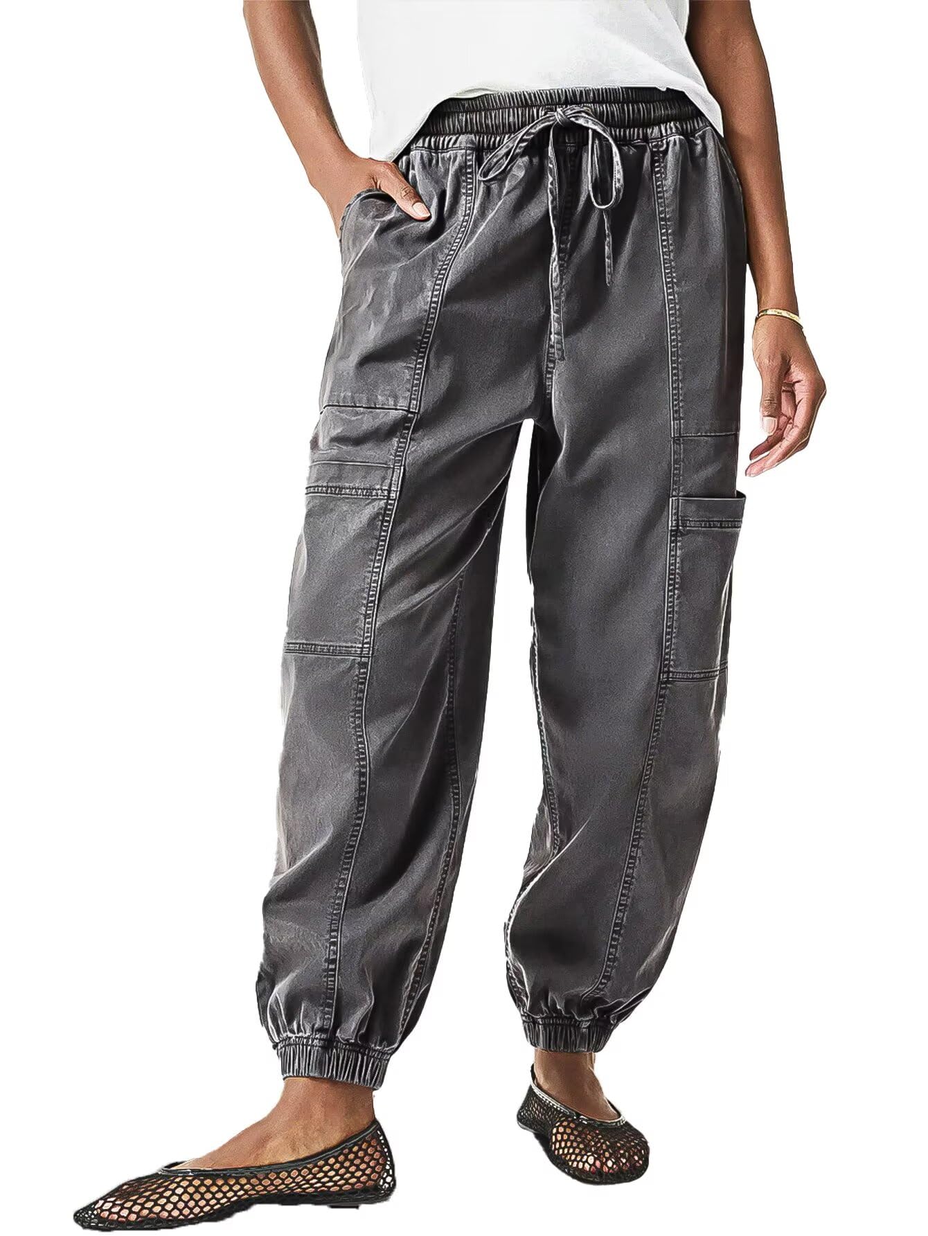 Flamingals Womens Straight Leg Pants High Rise Barrel Leg Cargo Drawstring Multi Pockets Cropped Jogger Pants