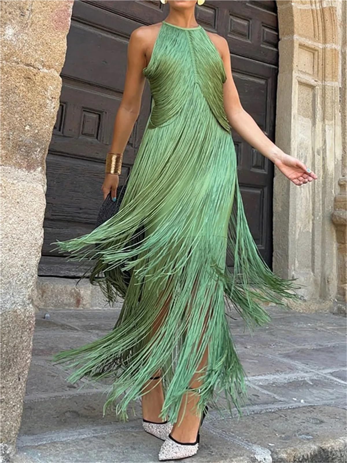 Vestido con Flecos Elegant Tassel Splicing Solid Gowns Dress Women Fashion Hight Wasit Sleeveless Long Sexy Backless Slim Evening para Mujeres