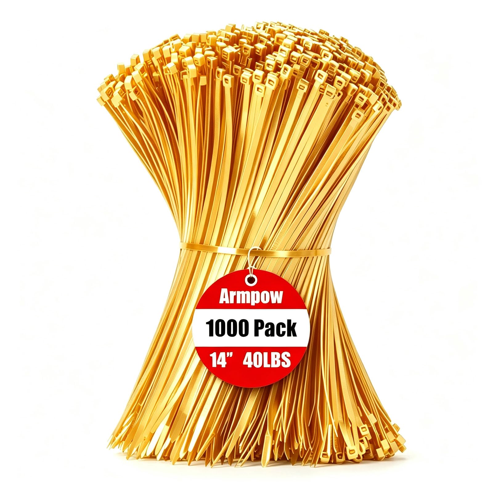 Armpow 14 Inch Zip Ties Gold 1000 PCS, 40 Lbs- Heavy Duty Tensile Strength, Nylon PA66 UV Resistant Cable Ties for Indoor and Outdoor Use - Ideal for object bundling and fastening