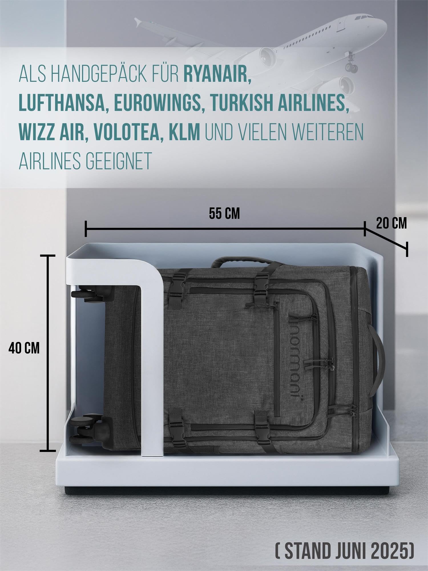 normani Handgepäck 4-Rad Reisetaschen-Rucksack 38 Liter Reiserucksack mit Trolleyfunktion mit Frontloader und Laptopfach