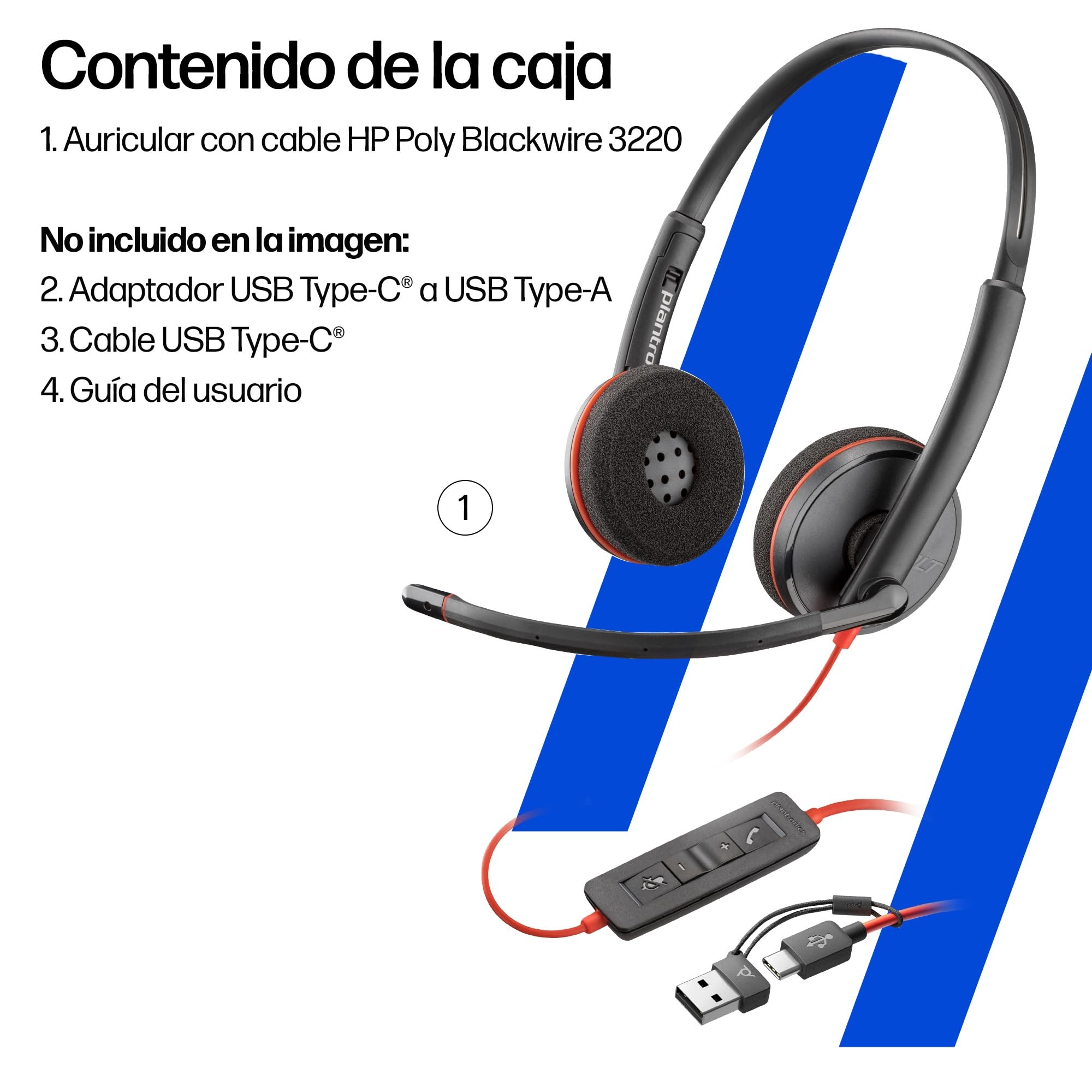 Auricular Poly Blackwire 3220 con cable - Micrófono con cancelación de ruido - Diseño estéreo - Conexión a PC/Mac mediante USB-C o USB-A - Funciona con Teams y Zoom