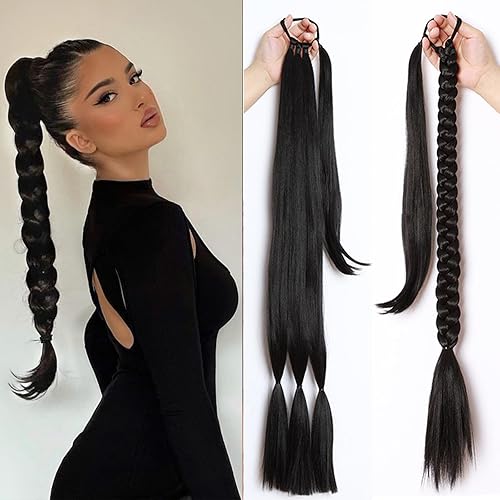 EMMOR Extensión de cola de caballo larga trenzada con cabello lacio envolvente, extensiones de cabello sintético suave y saludable para mujeres y